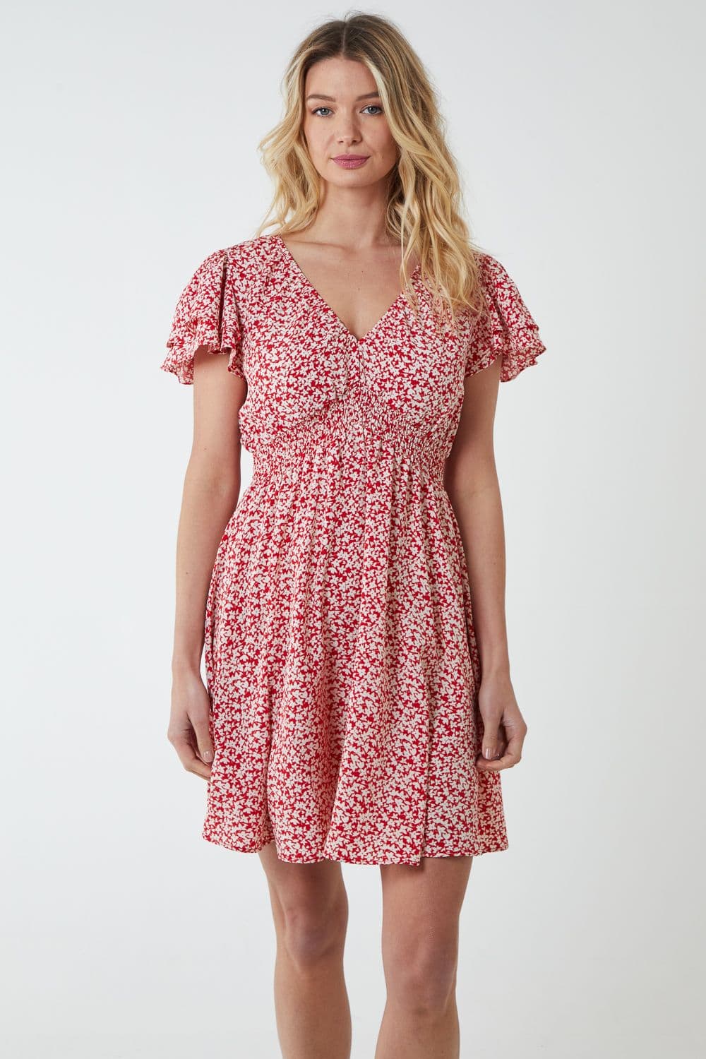 Blue Vanilla Women's Double Ruffle Empire Shirred Mini Dress in Red