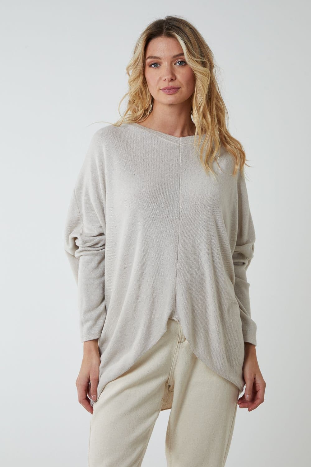 Blue Vanilla Women's V Neck Front Cut & Sew Soft Knit Jumper in Stone