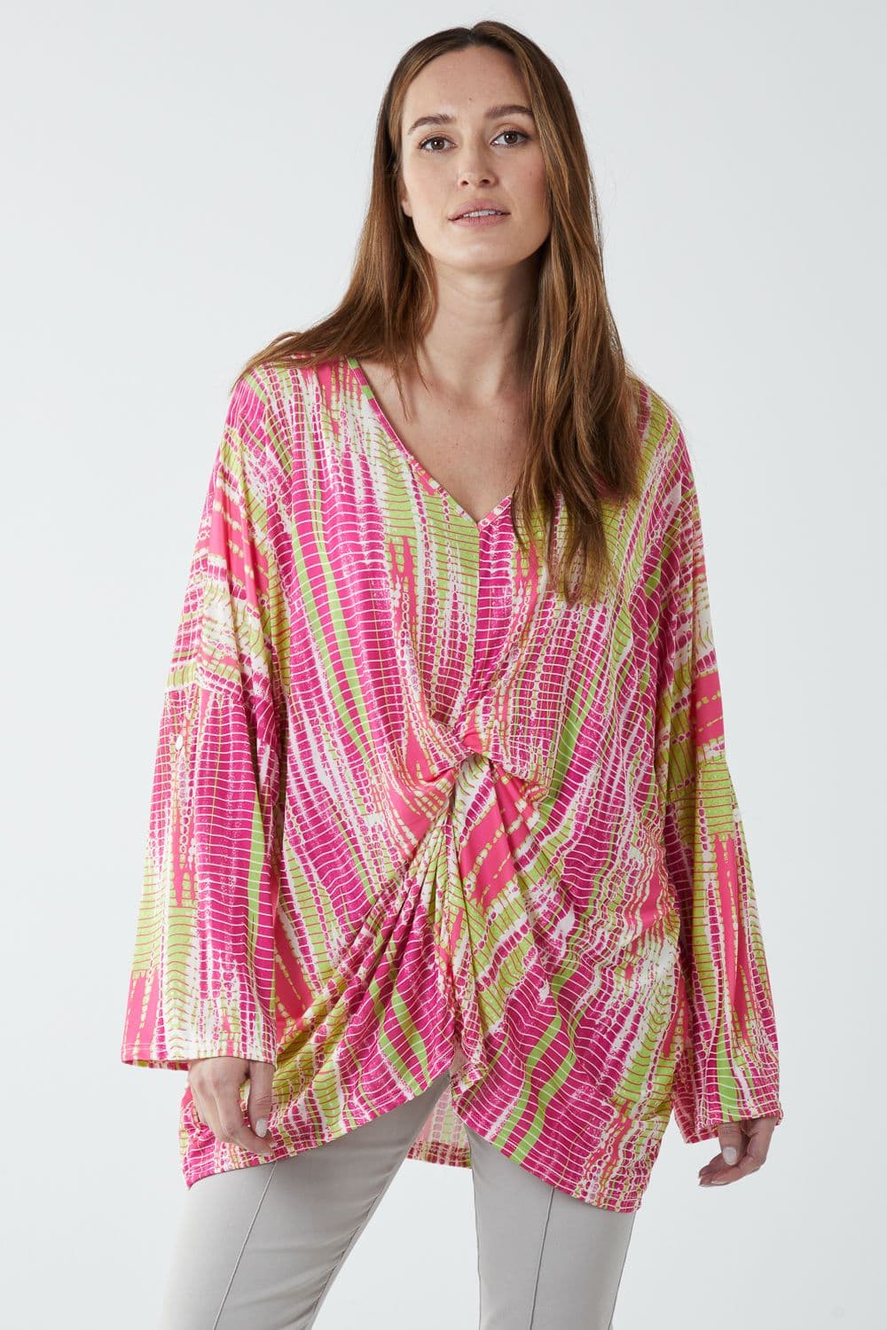 Blue Vanilla Women's Twist Front Abstract Print Long Sleeve Top in Fuchsia