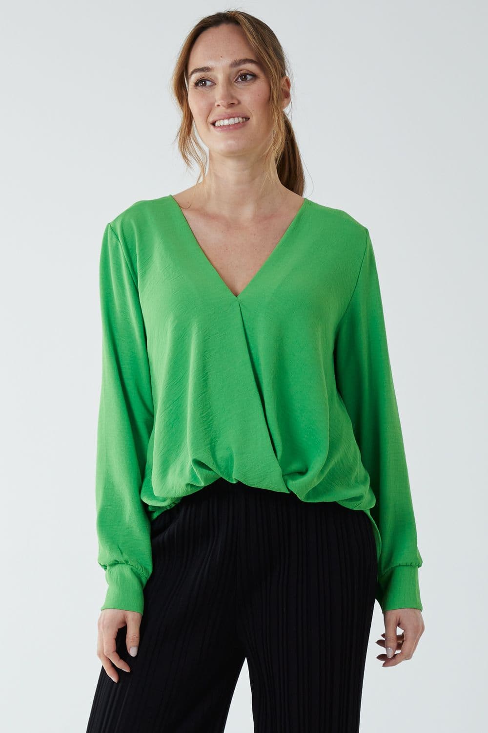Blue Vanilla Women's Crossover Woven Plain Blouse in Green