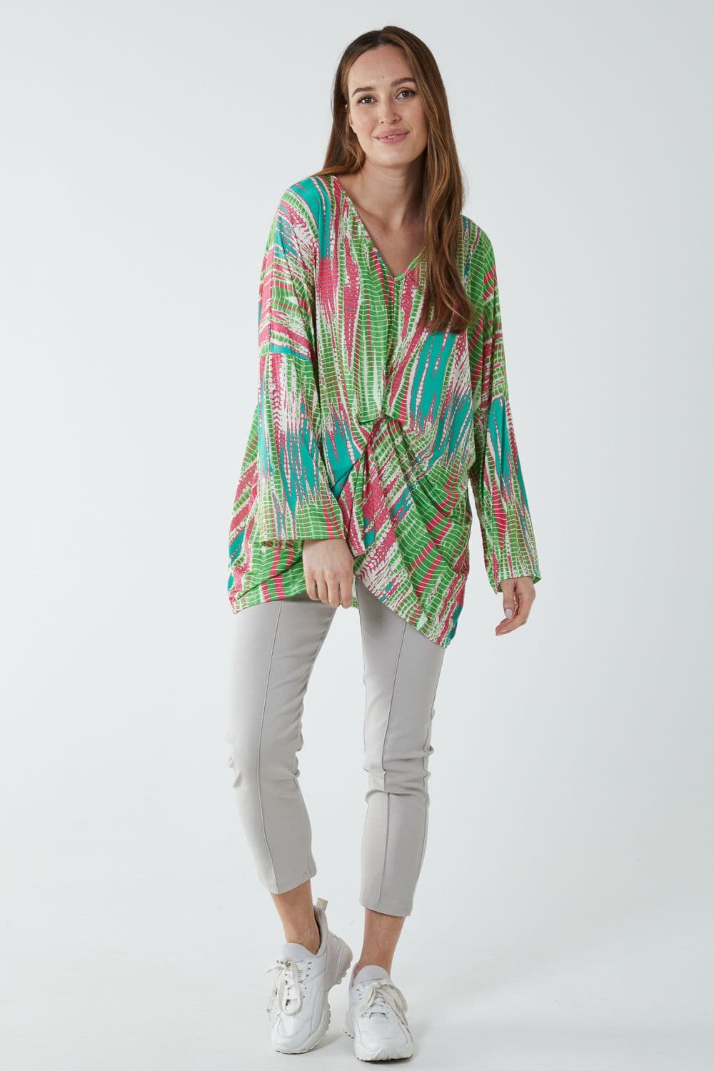 Blue Vanilla Women's Twist Front Abstract Print Long Sleeve Top in Green