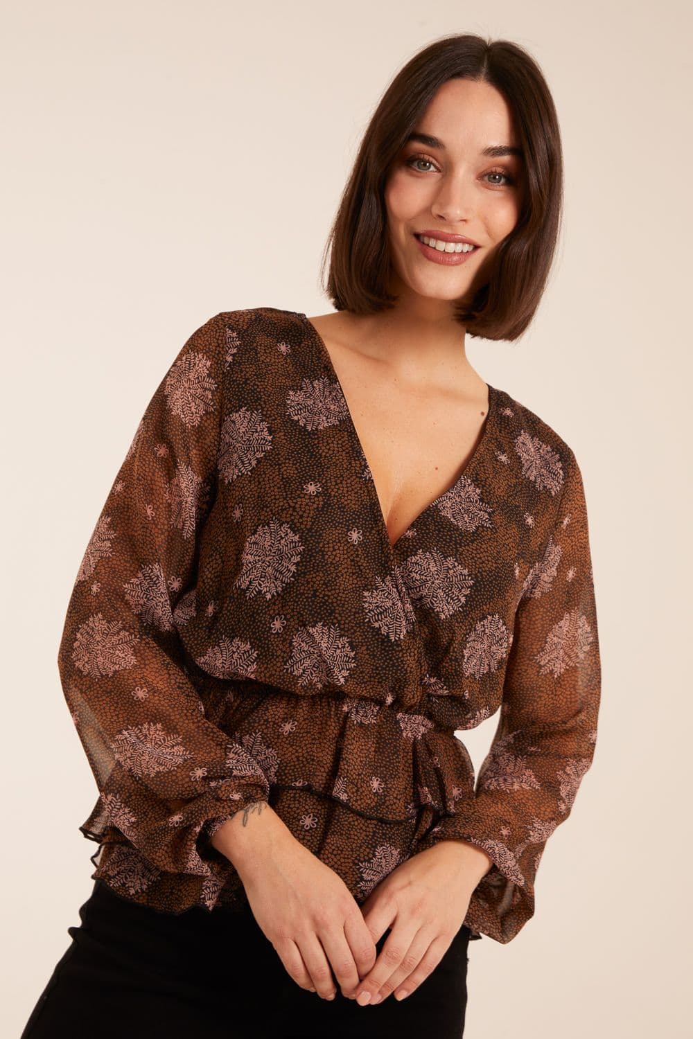 Blue Vanilla Women's Floral Ruffle Wrap Blouse in Brown