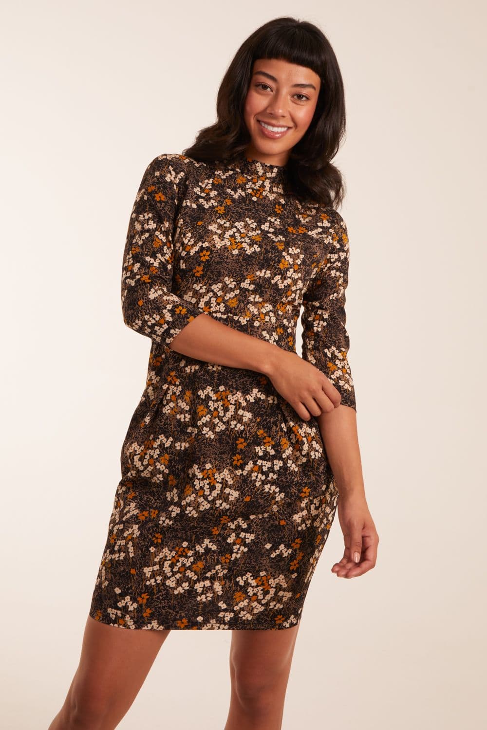 Blue Vanilla Women's High Neck 3/4 Sleeve Dress With Belt in Mustard