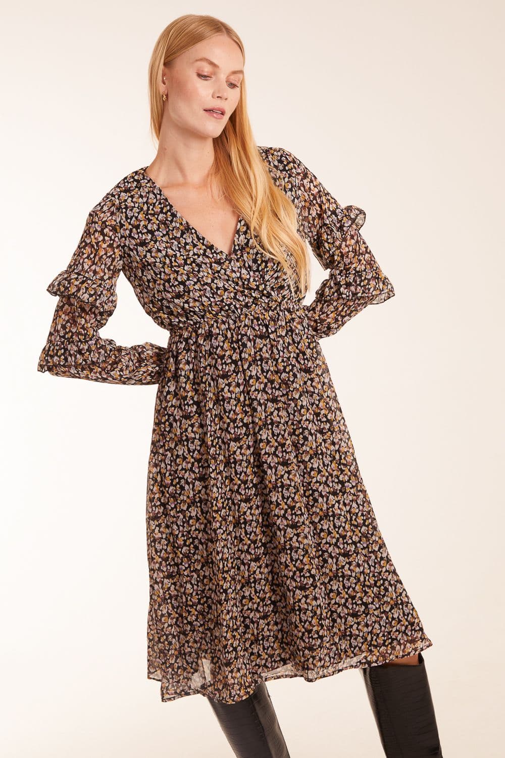 Blue Vanilla Women's Frill Sleeve Wrap Midi in Brown