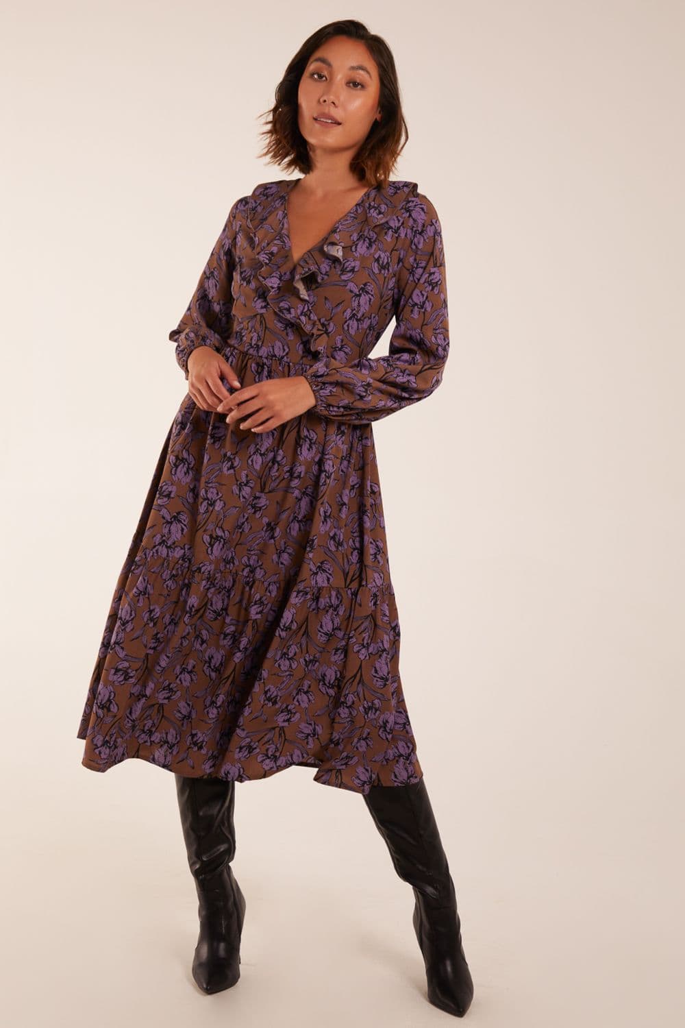 Blue Vanilla Women's Ruffle Wrap Midi Dress in Brown