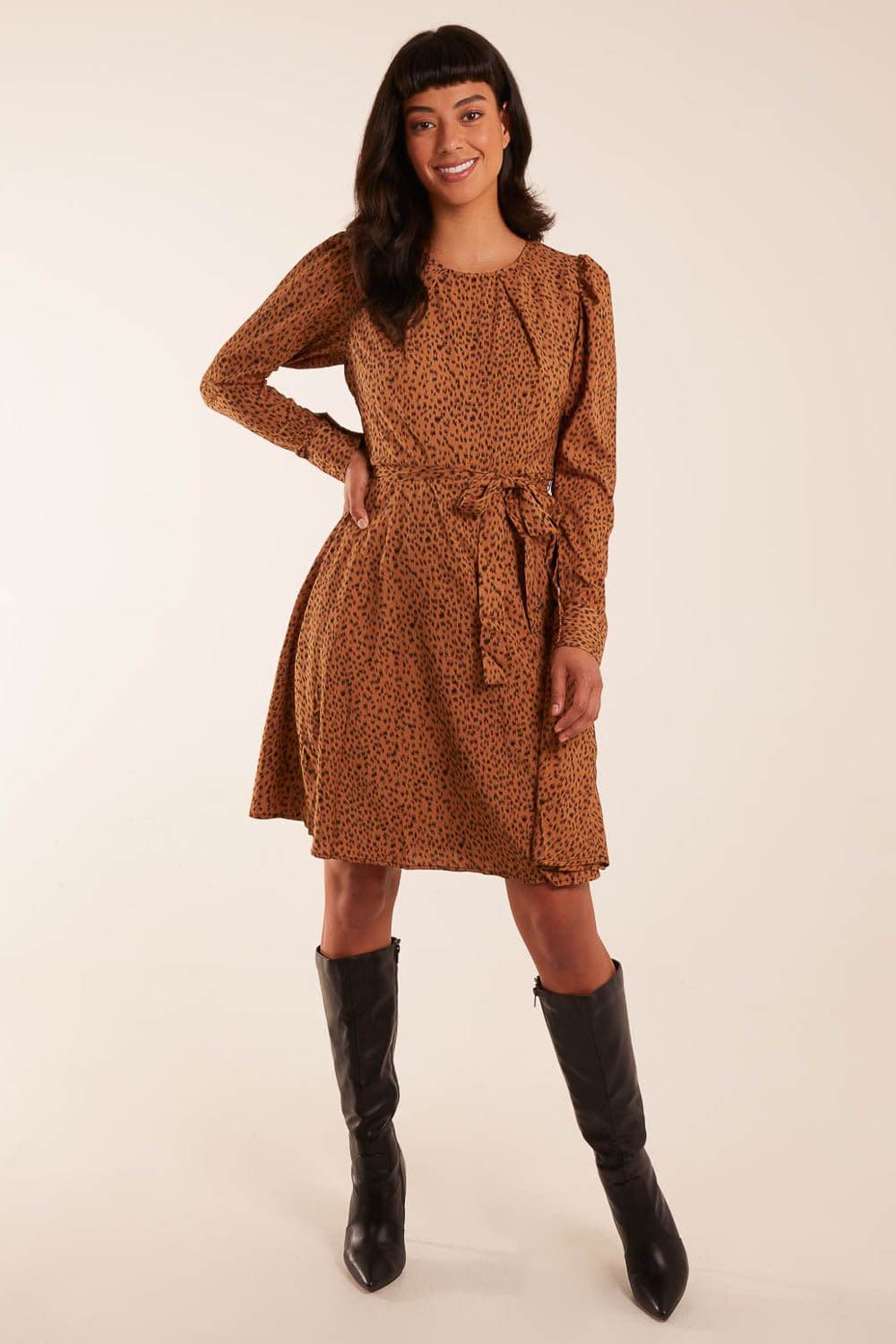 Blue Vanilla Women's Skater Round Neck Mini Dress in Camel