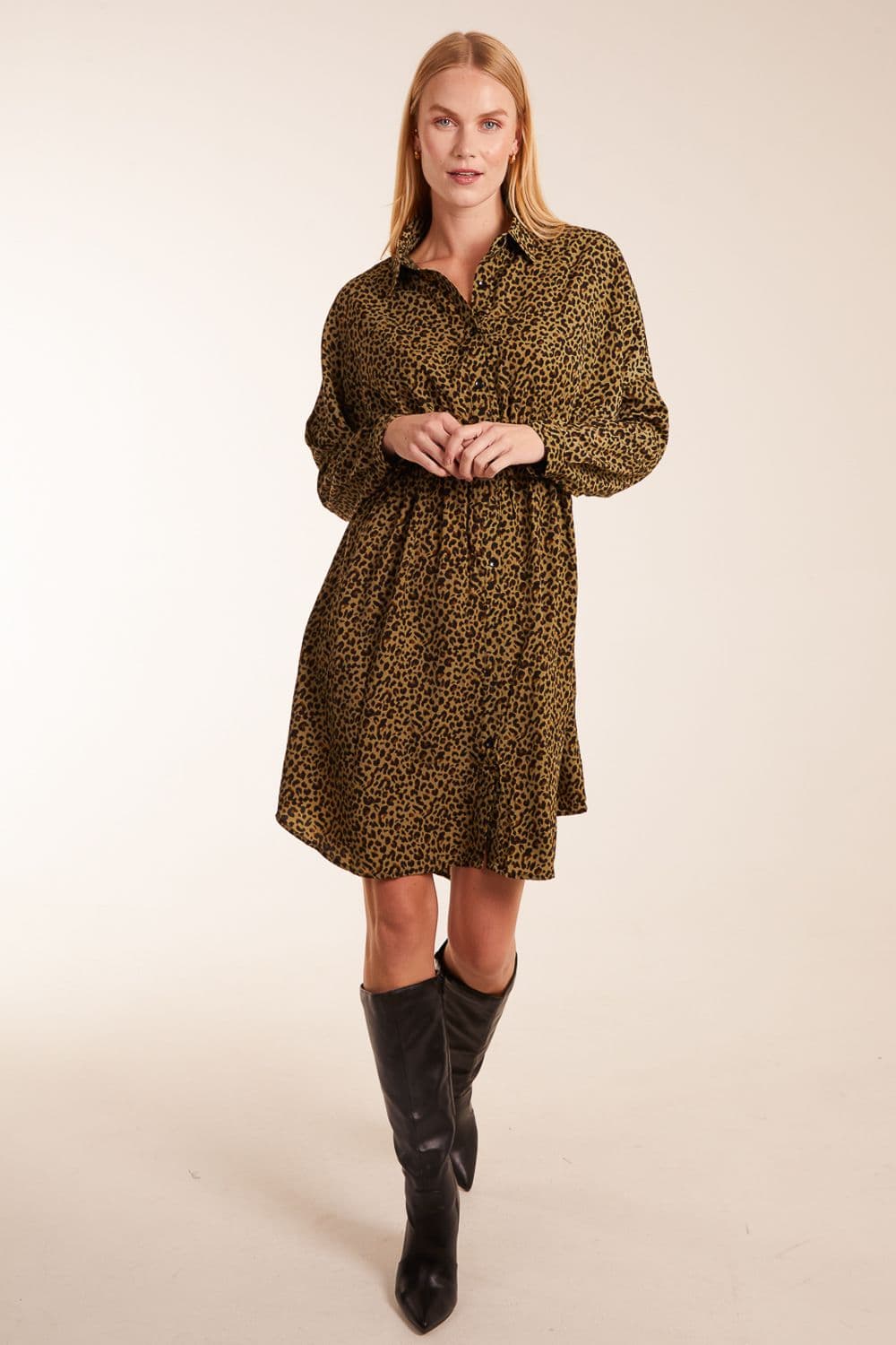 Blue Vanilla Women's Leopard Shirt Dress in Khaki