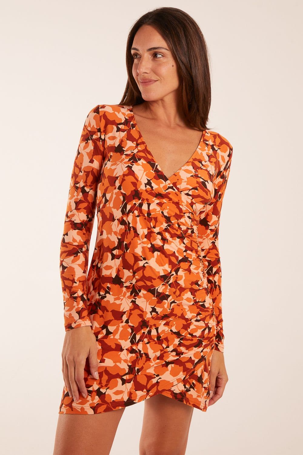 Blue Vanilla Women's Fixed Wrap Gathered Mini Dress in Orange