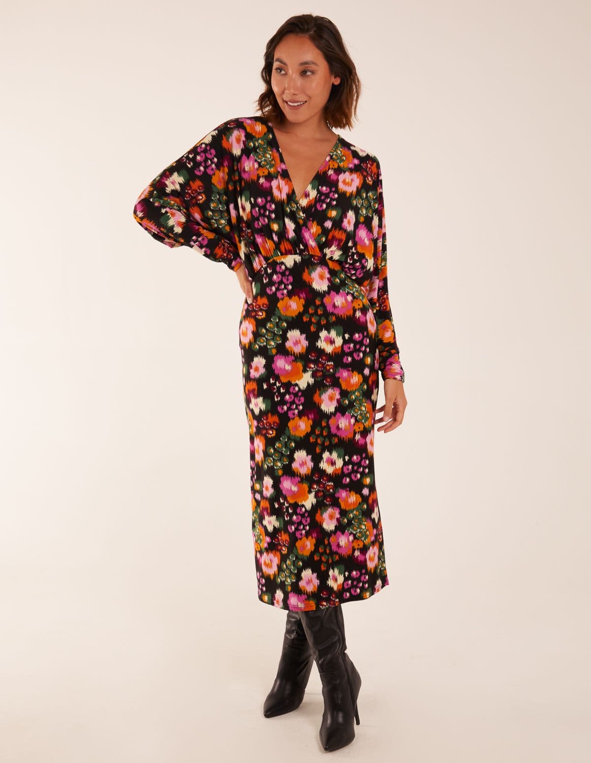 Blue Vanilla Women's Wrap Batwing Midi Dress With Side Split in Black