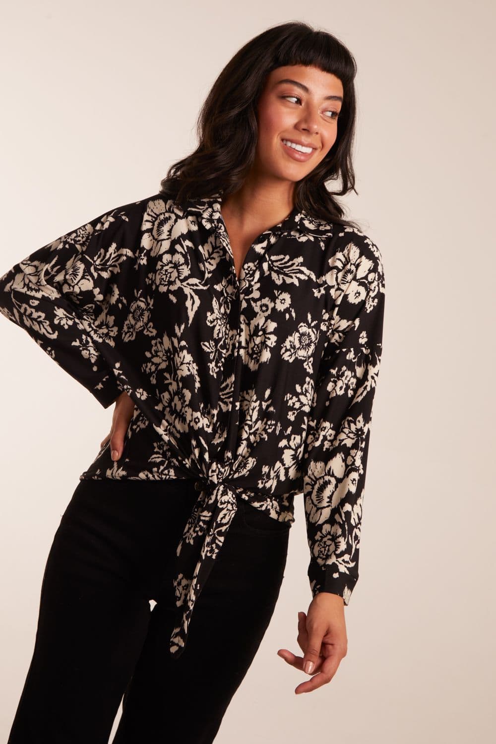 Blue Vanilla Women's Tie Front Oversized Shirt in Black
