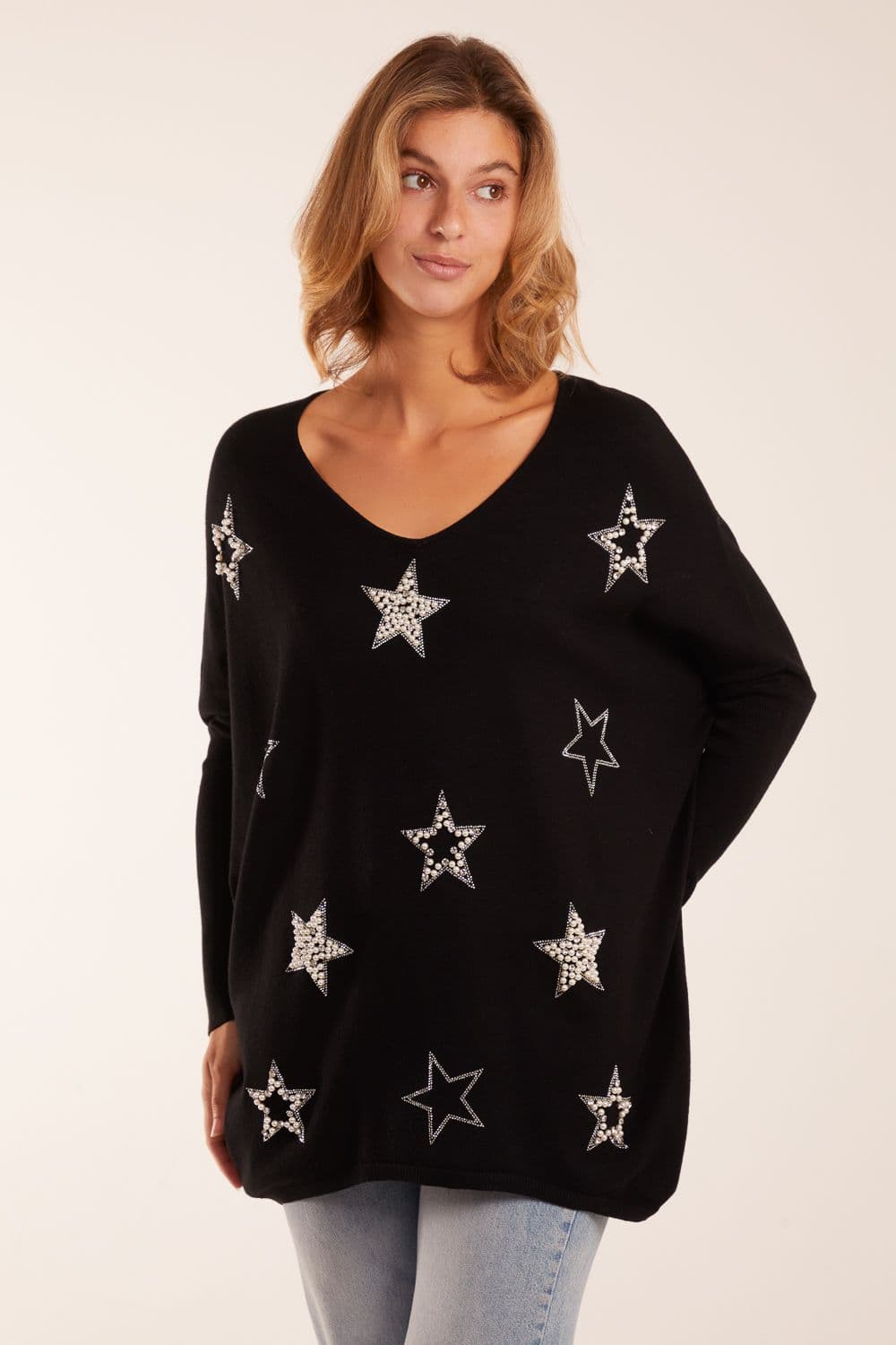 Blue Vanilla Women's Diamante Pearl Star Jumper in Black