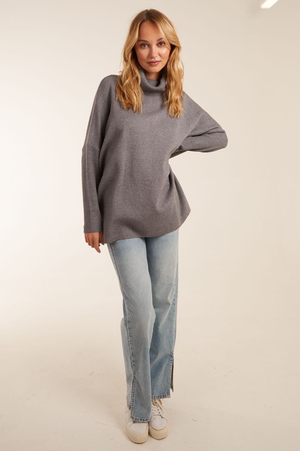 Blue Vanilla Women's High Neck Boxy Jumper in Grey