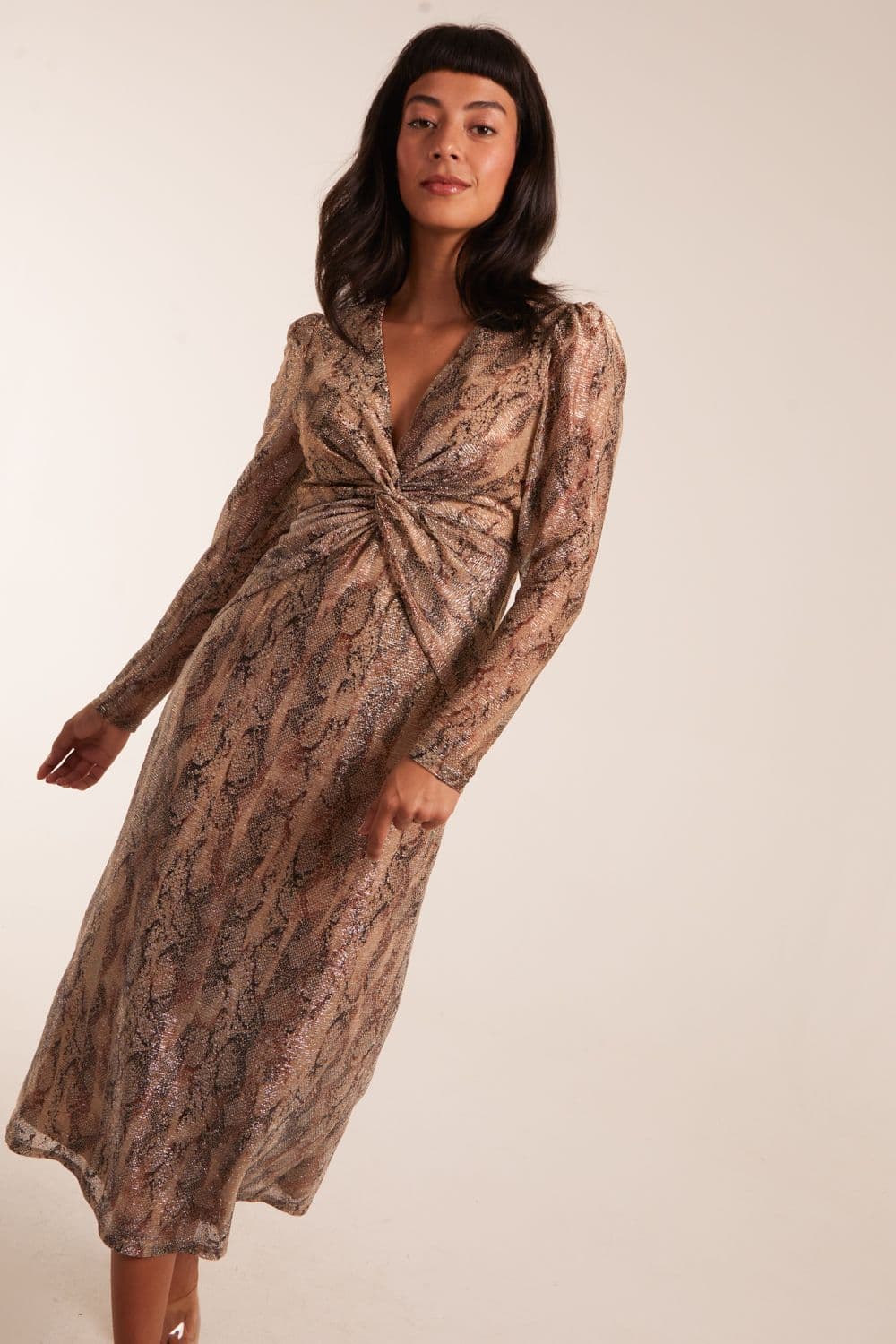 Blue Vanilla Women's Snakeprint Plisse Twist Front Dress in Gold