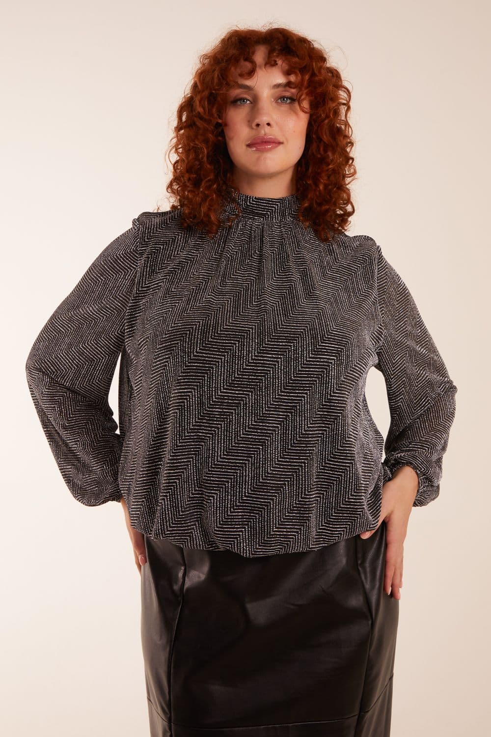 Blue Vanilla Women's Curve Puffball High Neck Top in Silver
