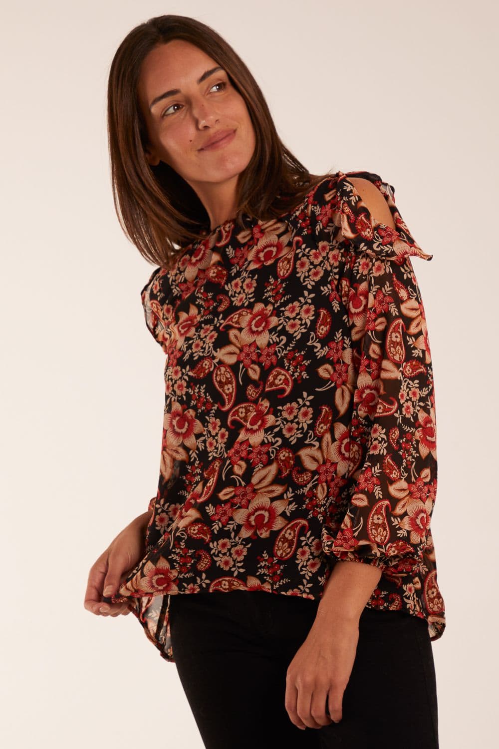 Blue Vanilla Women's Cold Shoulder Frill Blouse in Black