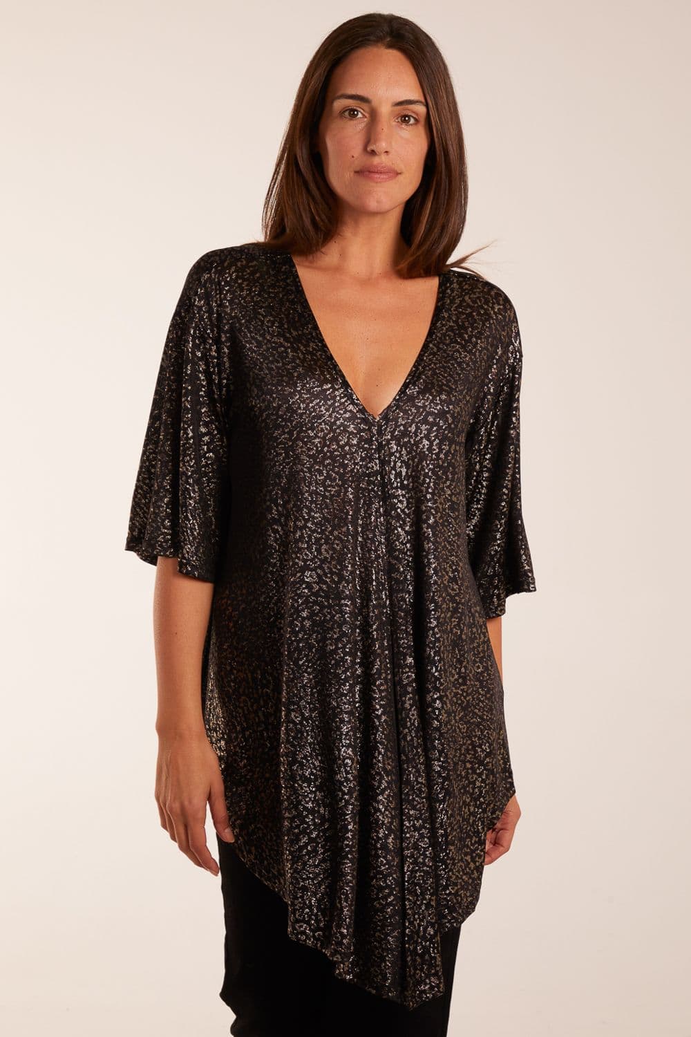 Blue Vanilla Women's Leopard V Neck Tie Front Top in Gold