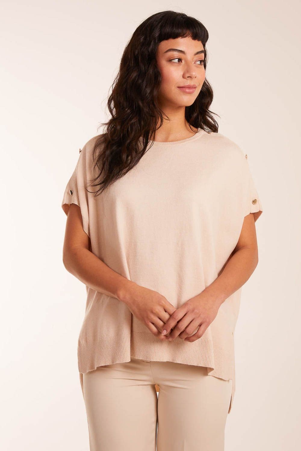 Blue Vanilla Women's Oversized Button Shoulder Top in Stone