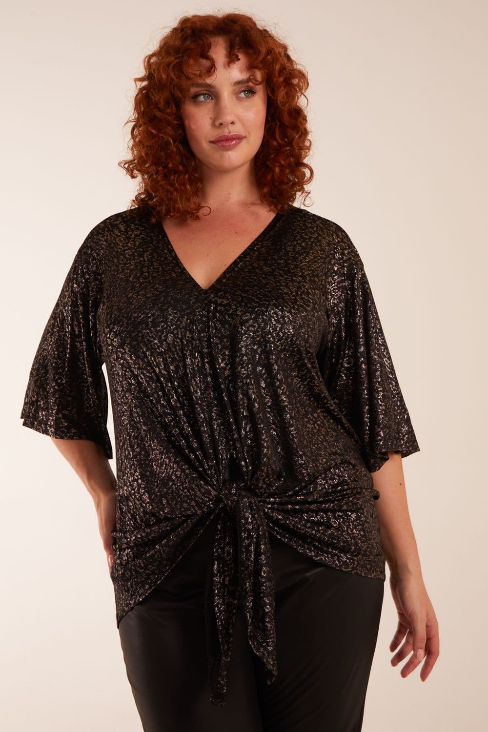 Blue Vanilla Women's Curve Leopard V Neck Tie Front Top in Gold