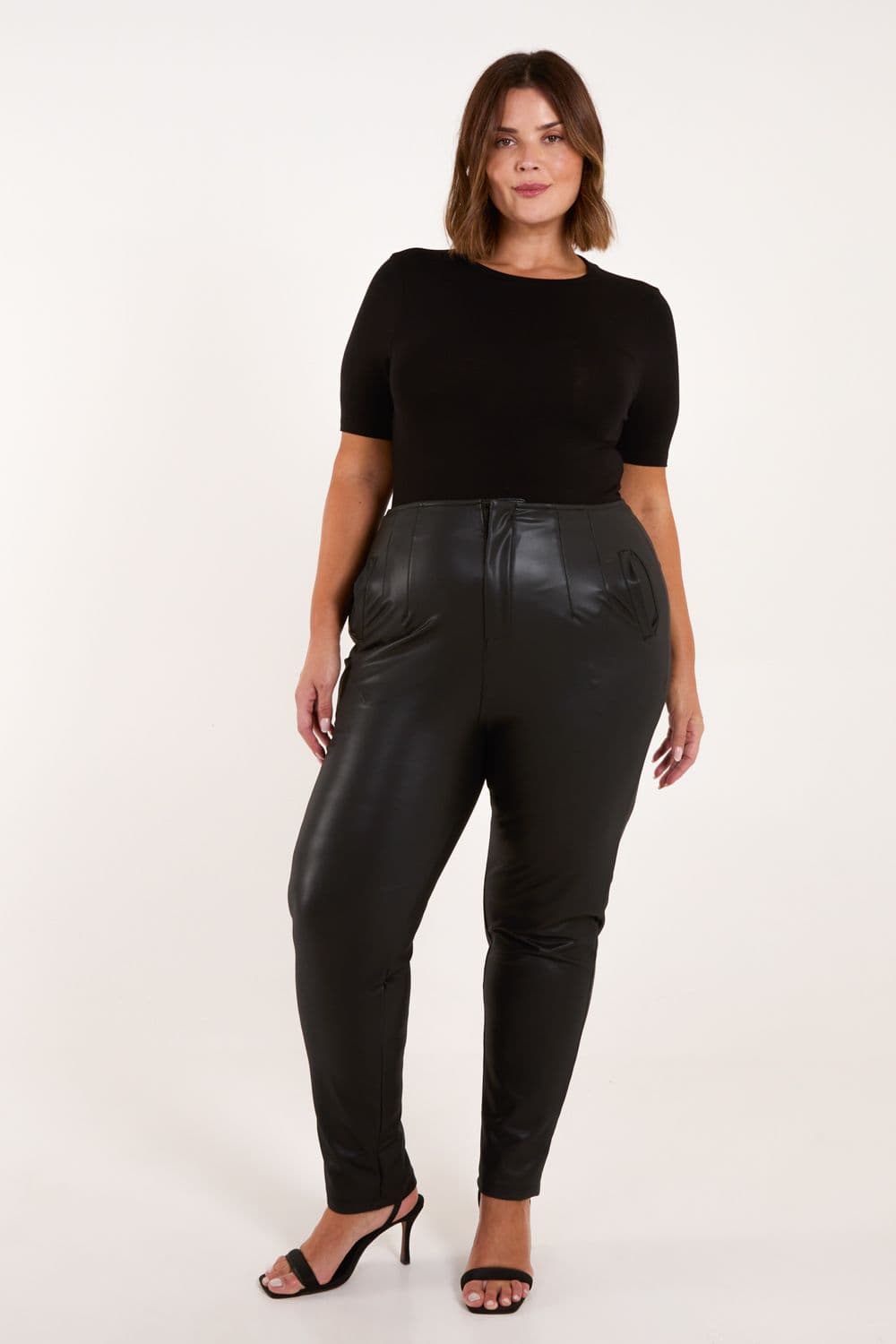 Blue Vanilla Women's Curve Matte Faux Leather Tailored Trousers in Black