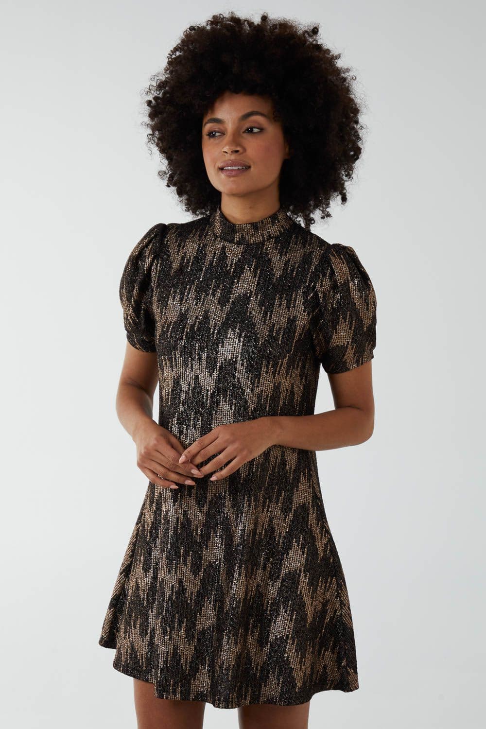 Blue Vanilla Women's Foil Zig Zag Puff Sleeve Swing Dress in Bronze
