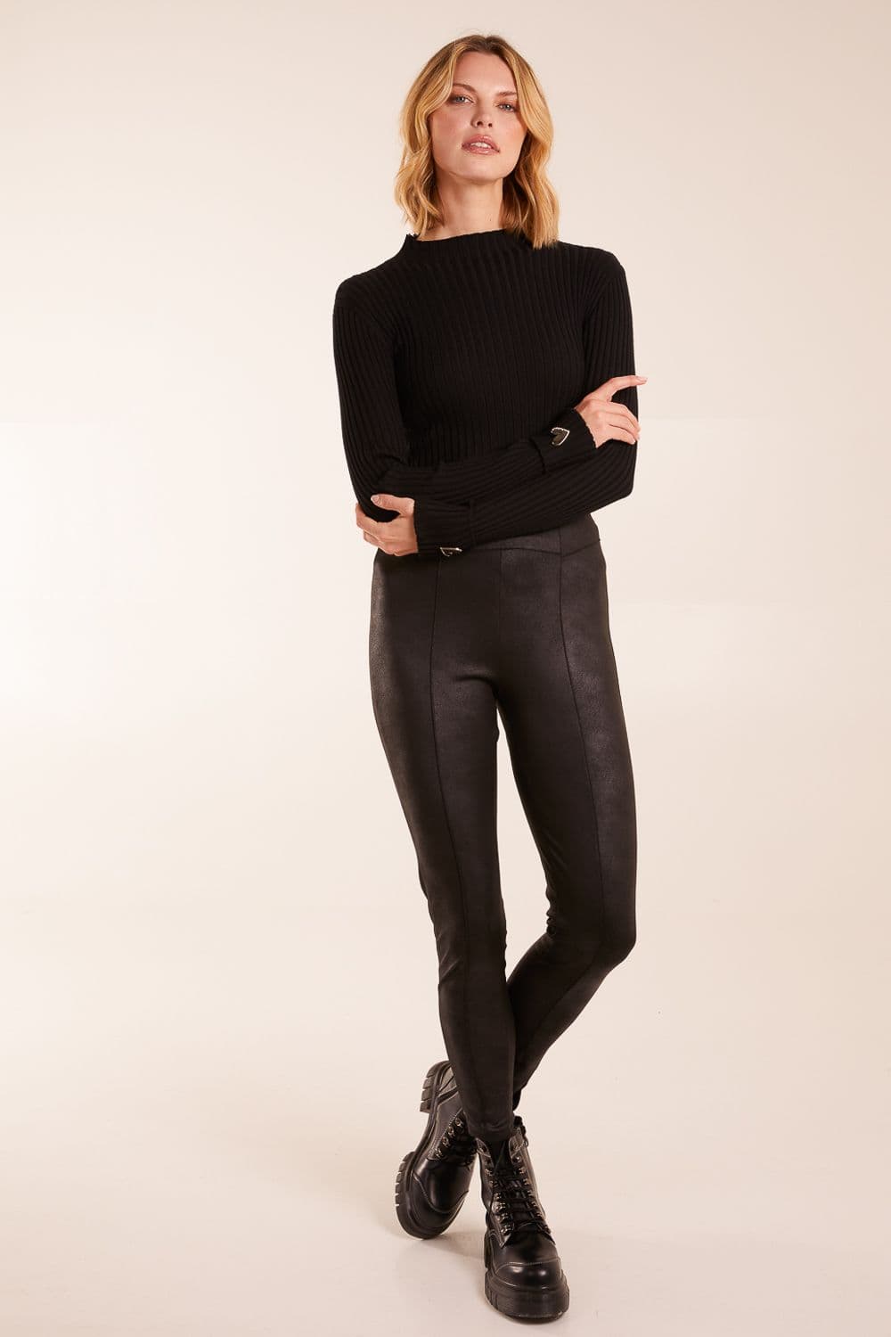 Blue Vanilla Women's Seam Detail Leather Look Leggings in Black