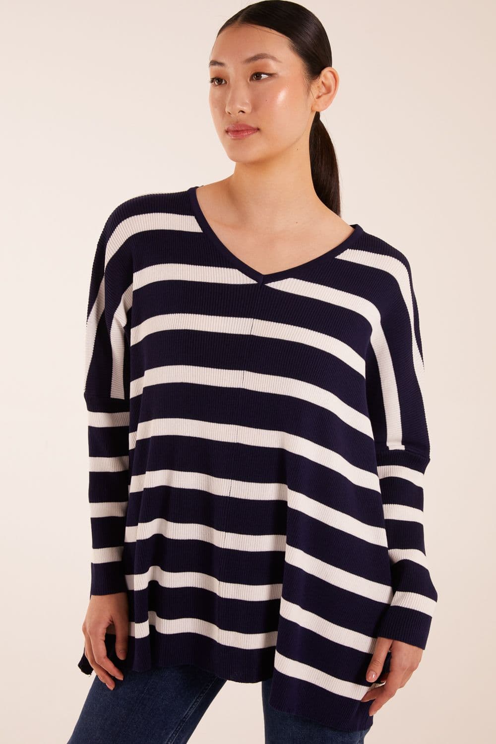 Blue Vanilla Women's V Neck Striped Sailor Jumper in Navy