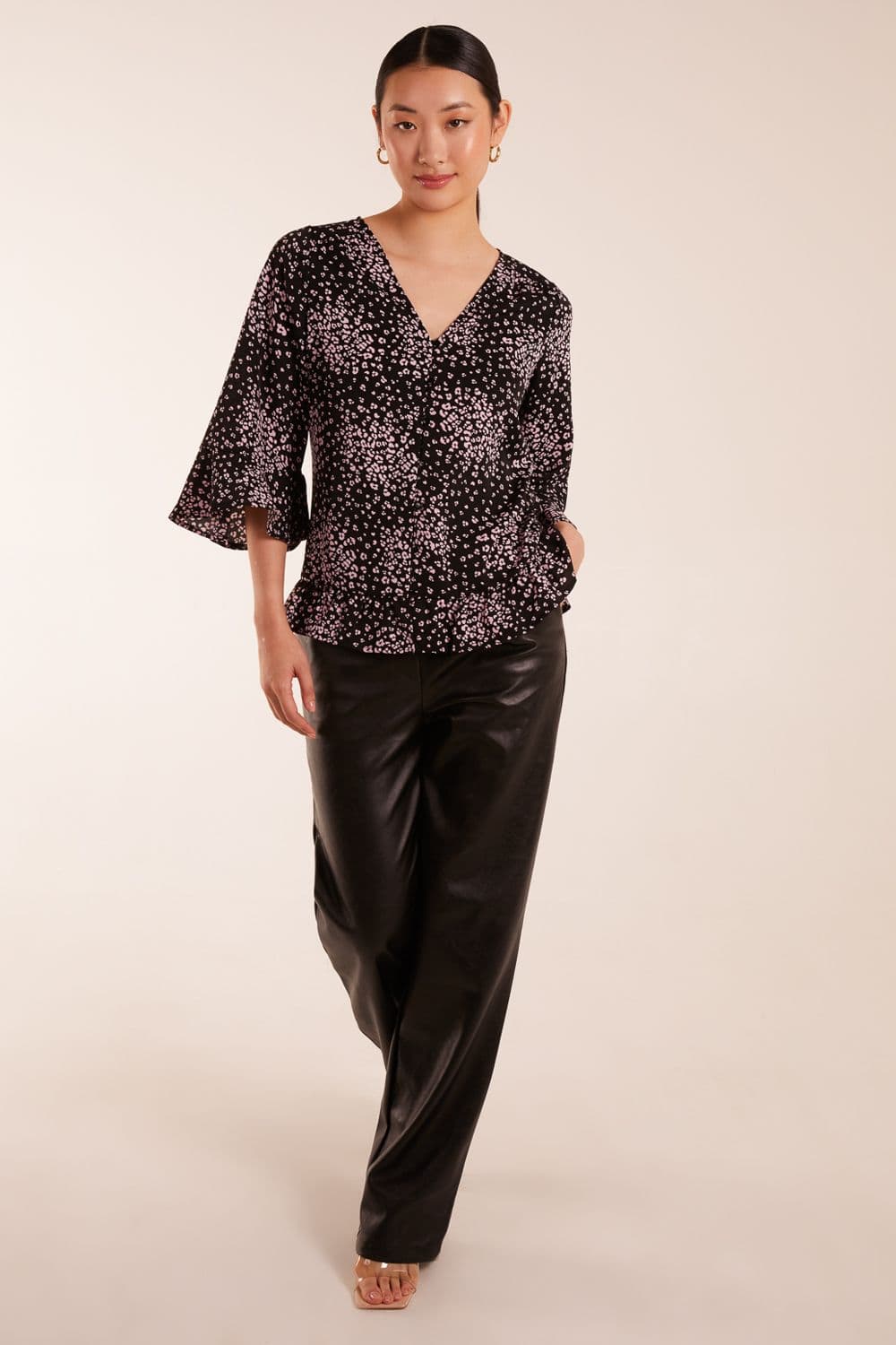Blue Vanilla Women's Button Front V Neck Flounce Blouse in Black