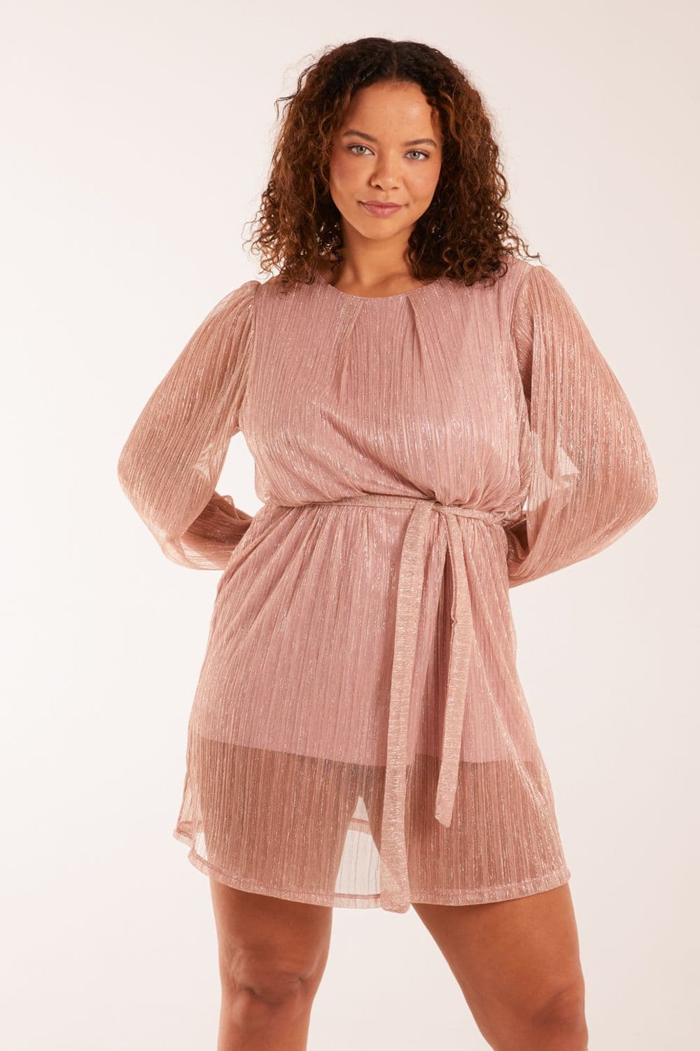 Blue Vanilla Women's Metallic Plisse Belted Dress in Pink