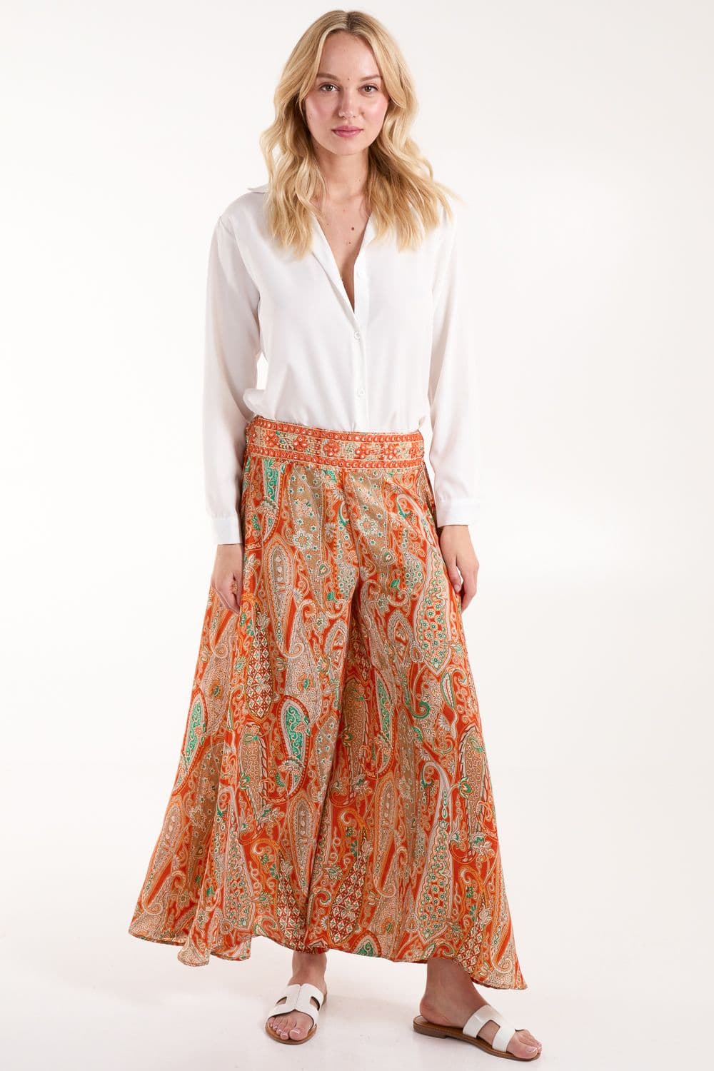 Blue Vanilla Women's Embellished Waist Wide Leg Trousers in Orange