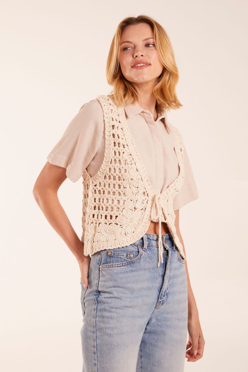 Blue Vanilla Women's Crochet Floral Vest in Stone