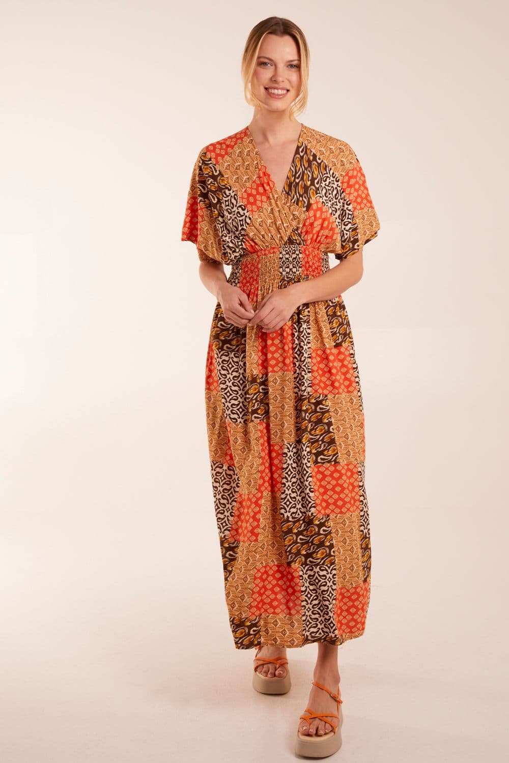 Blue Vanilla Women's Abstract Pattern V Neck Midi Dress in Orange