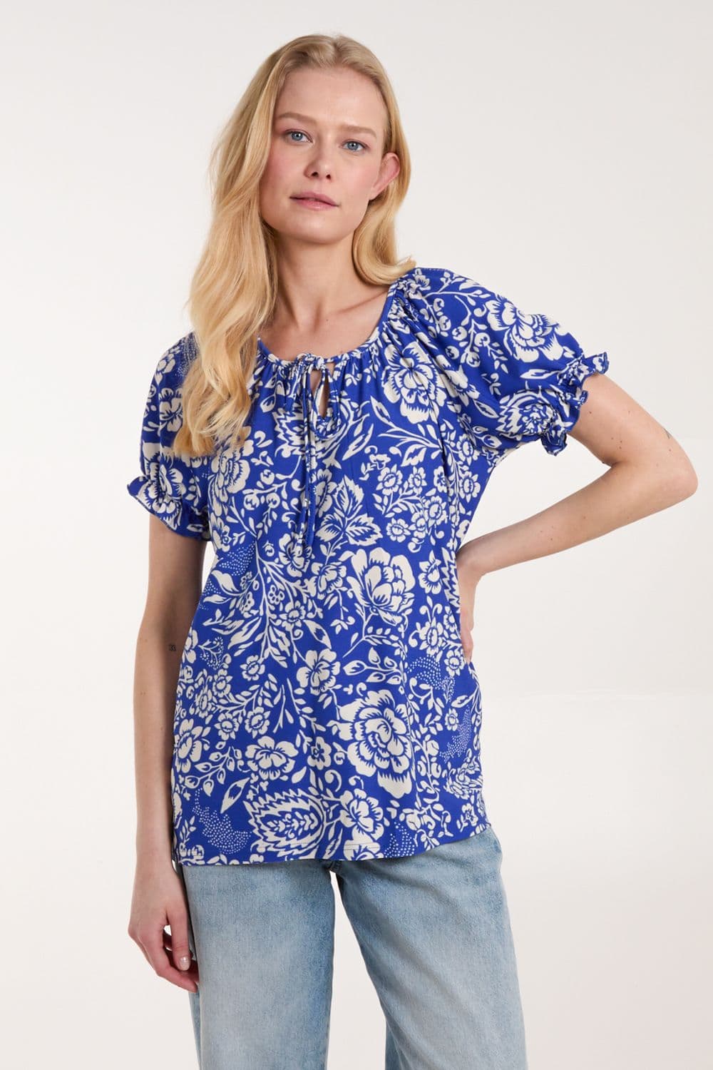 Blue Vanilla Women's Shirred Sleeve Tie Front Top in Blue