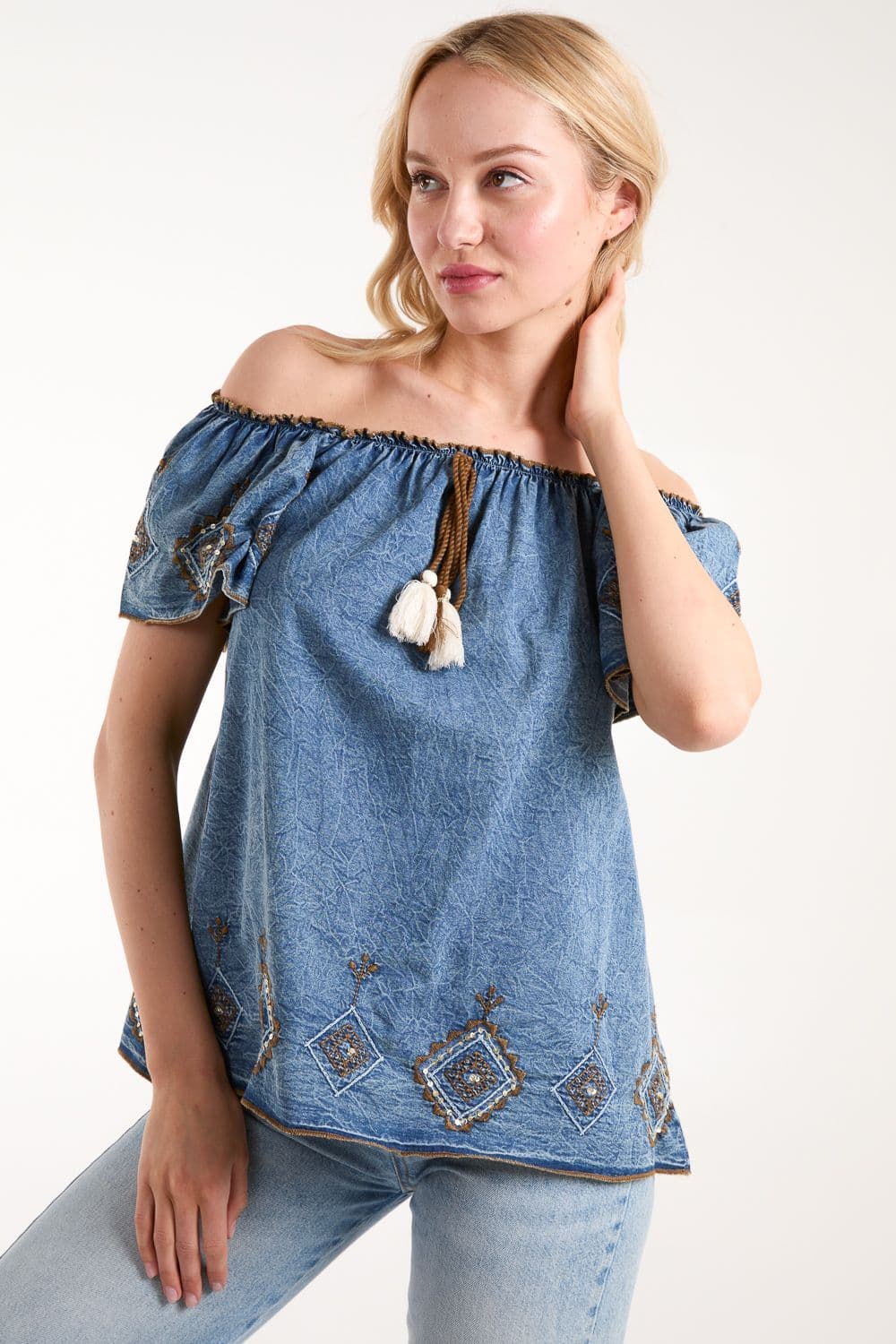 Blue Vanilla Women's Denim Embroidered Bardot Top in Blue
