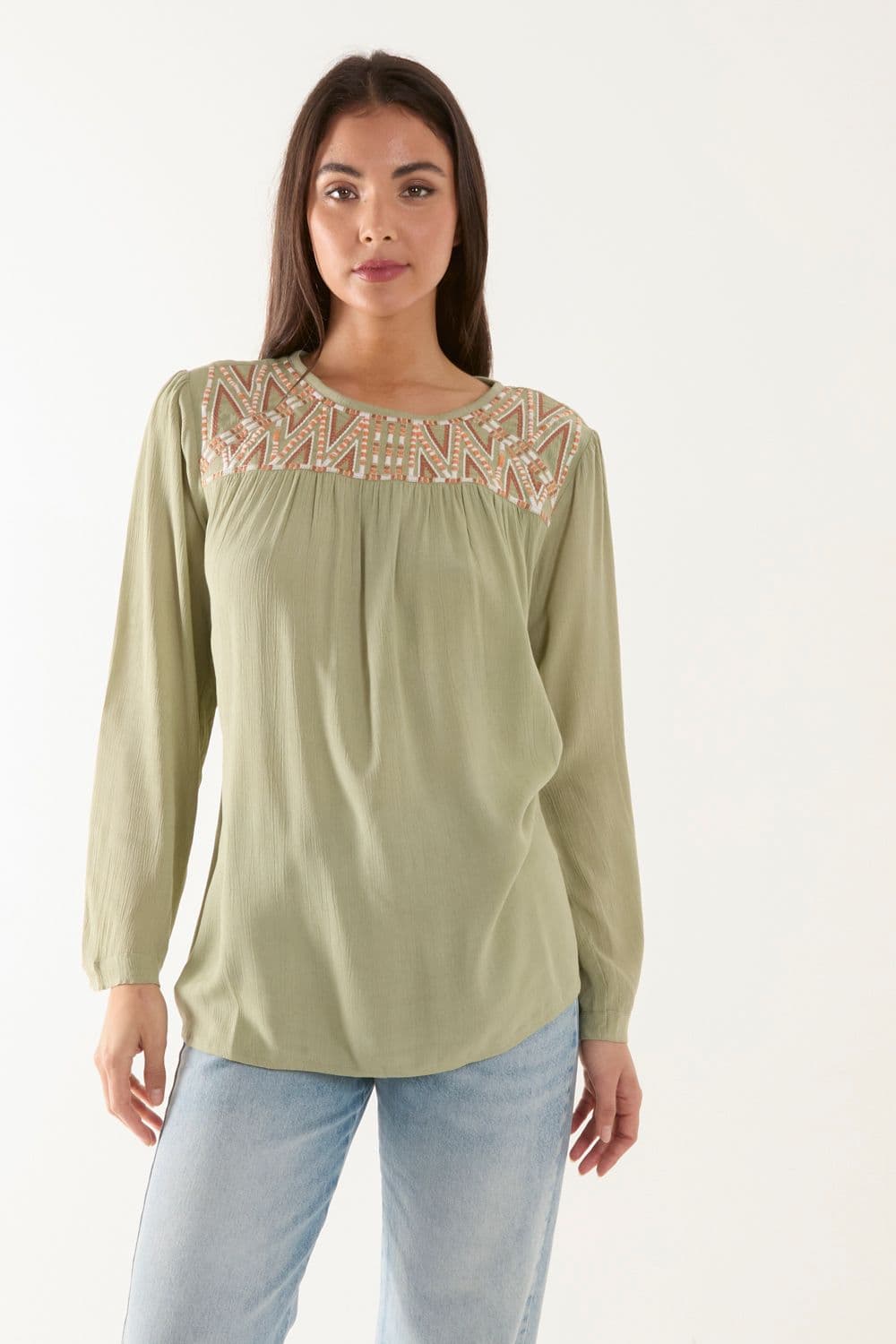Blue Vanilla Women's Embroidered Top in Light Khaki