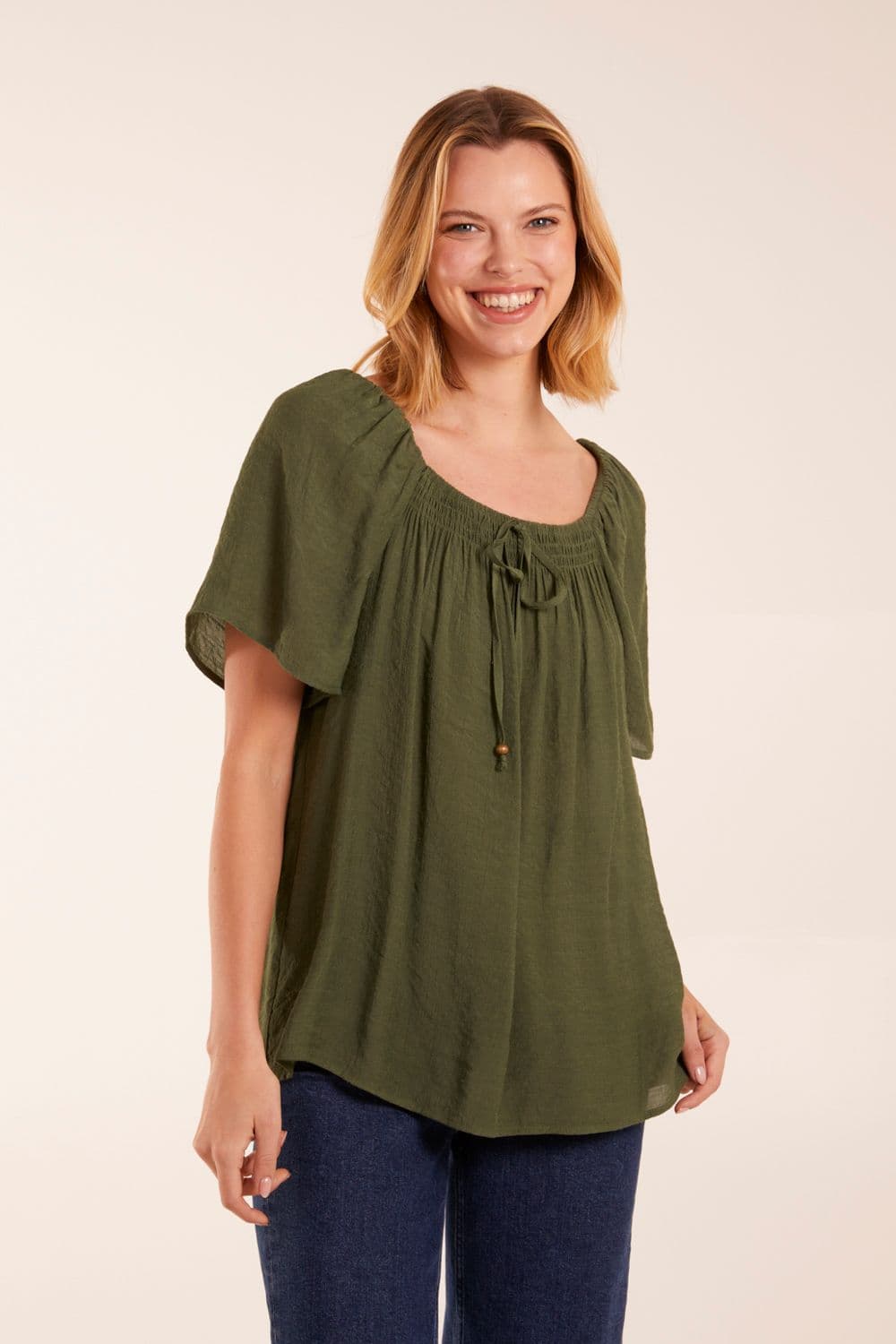 Blue Vanilla Women's Milkmaid Shirred At Front Swing Top in Khaki