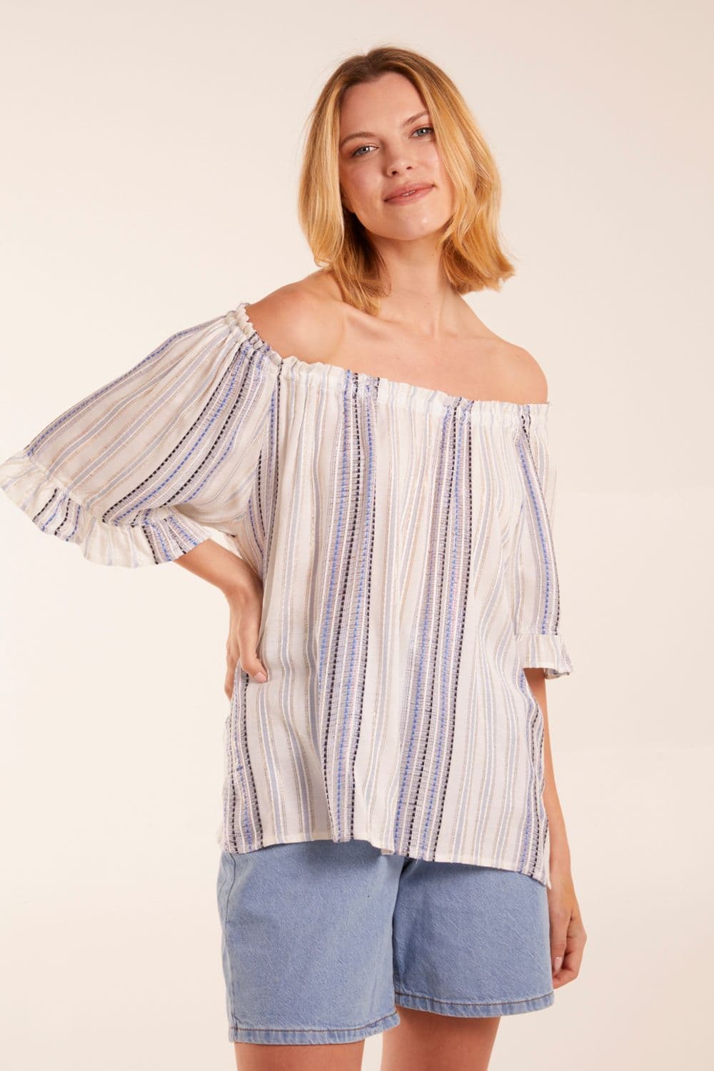 Blue Vanilla Women's Bardot Top With Stripes in Blue