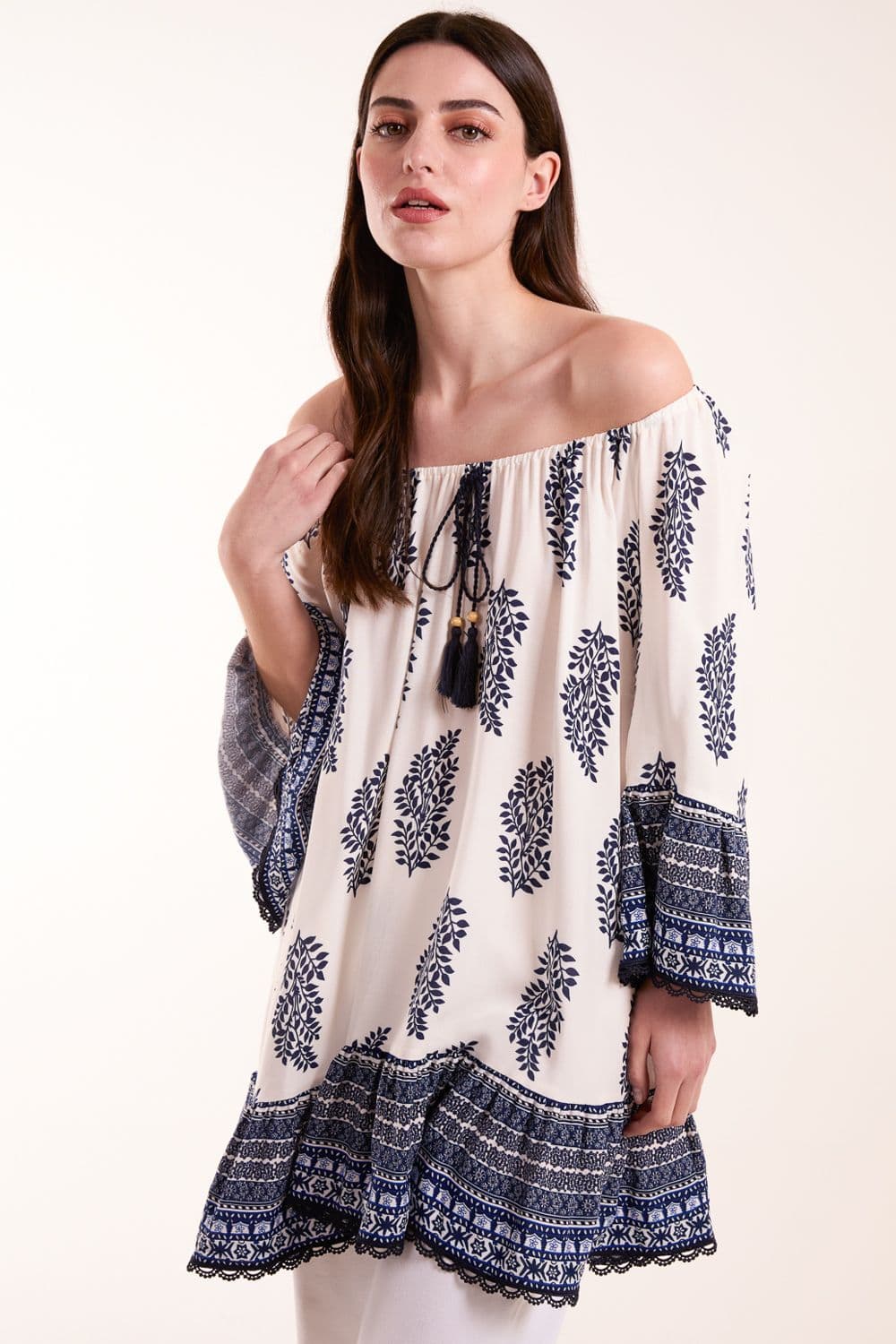 Blue Vanilla Women's Mix Print Bardot With Tassel Dress in Blue