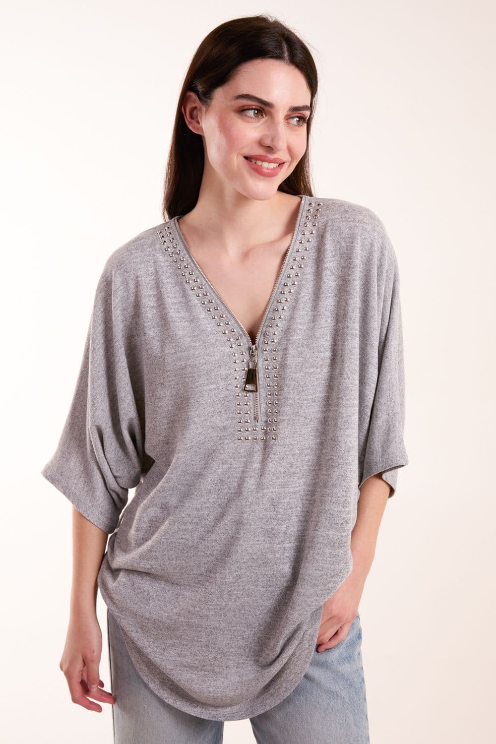 Blue Vanilla Women's Studded Zip Front Top in Grey