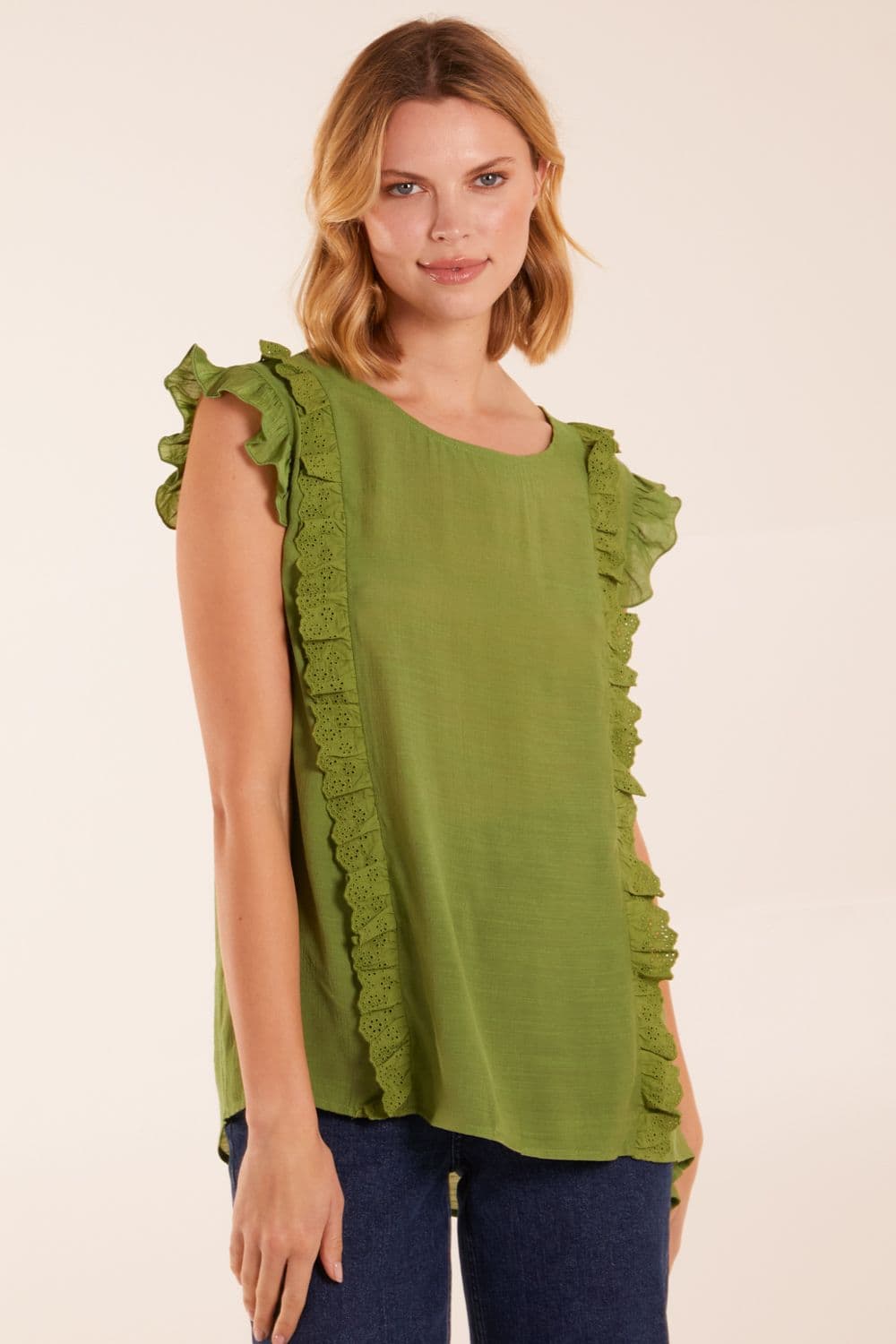 Blue Vanilla Women's Button Back Frill Top in Green