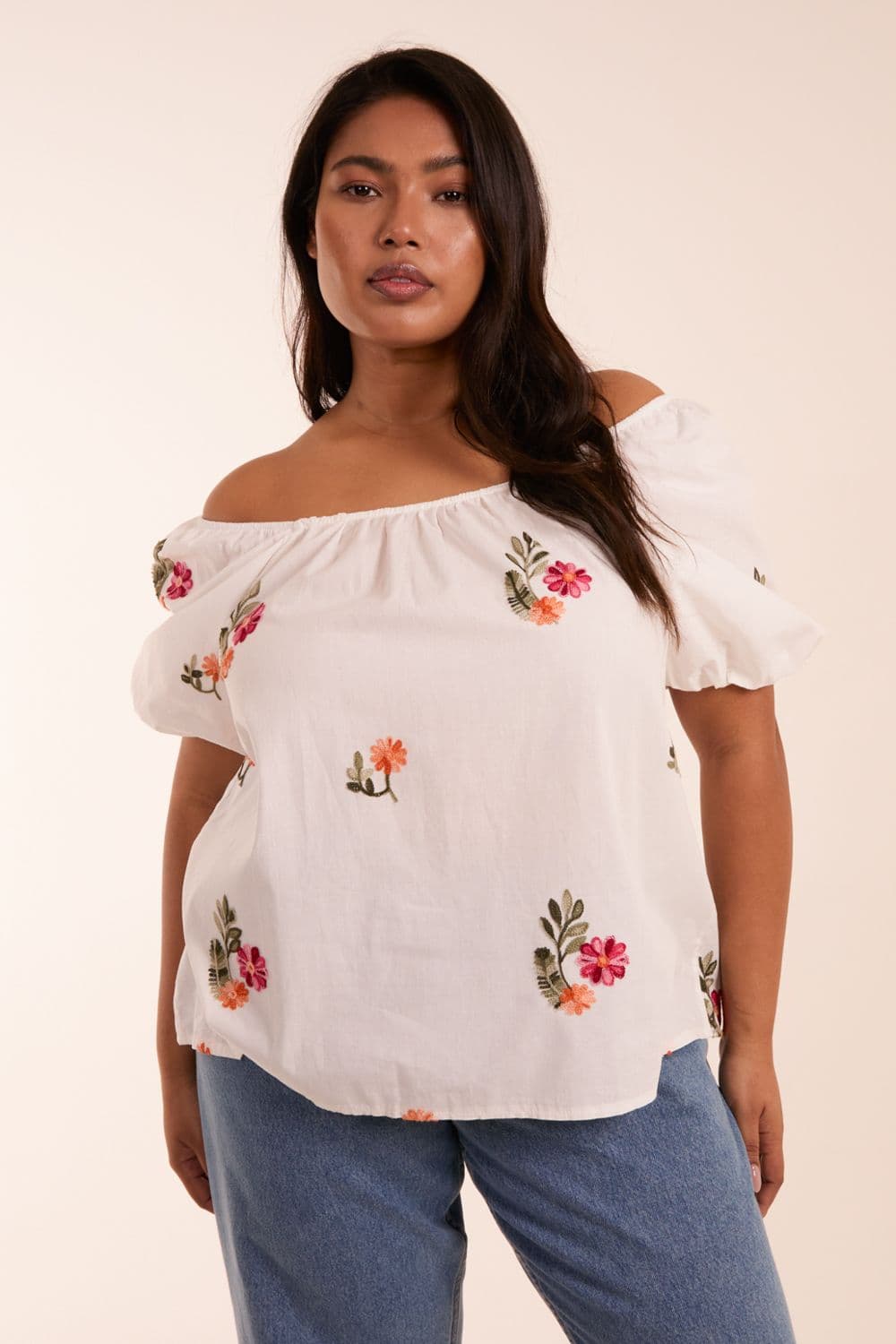 Blue Vanilla Women's Curve Milkmaid Flower Embroidered Top in White