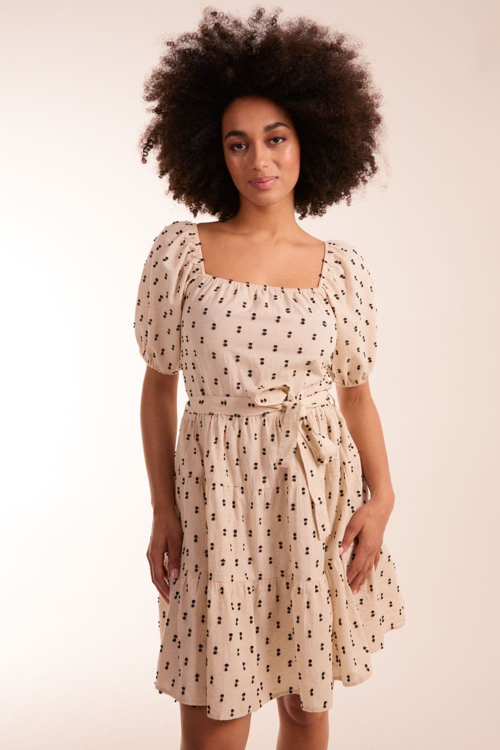 Blue Vanilla Women's Milkmaid Dobby Spot Mini Dress in Stone