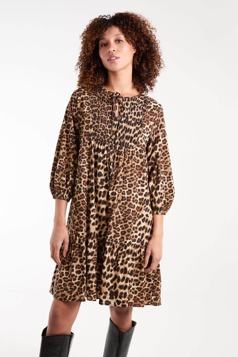 Blue Vanilla Women's Shirred Front Tie Neck Smock Dress in Brown