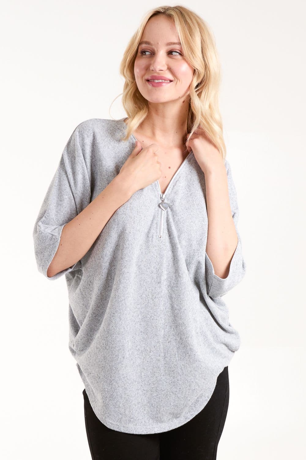 Blue Vanilla Women's Heart Zip Front Top in Grey