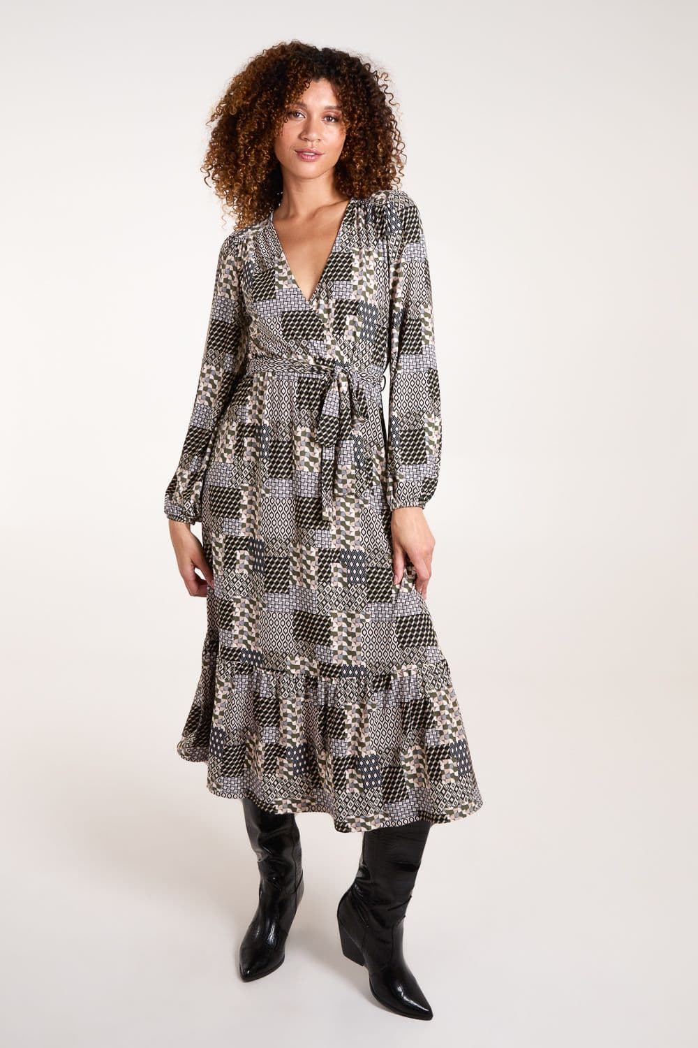 Blue Vanilla Women's Geometric Wrap Front Belted Midi Dress in Khaki
