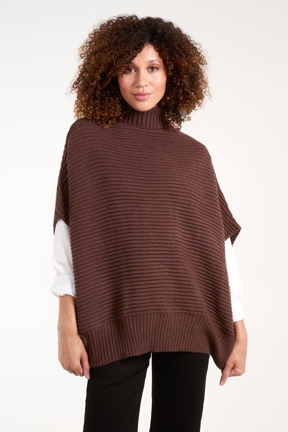 Blue Vanilla Women's High Neck Oversized Ribbed Tabard Jumper in Brown