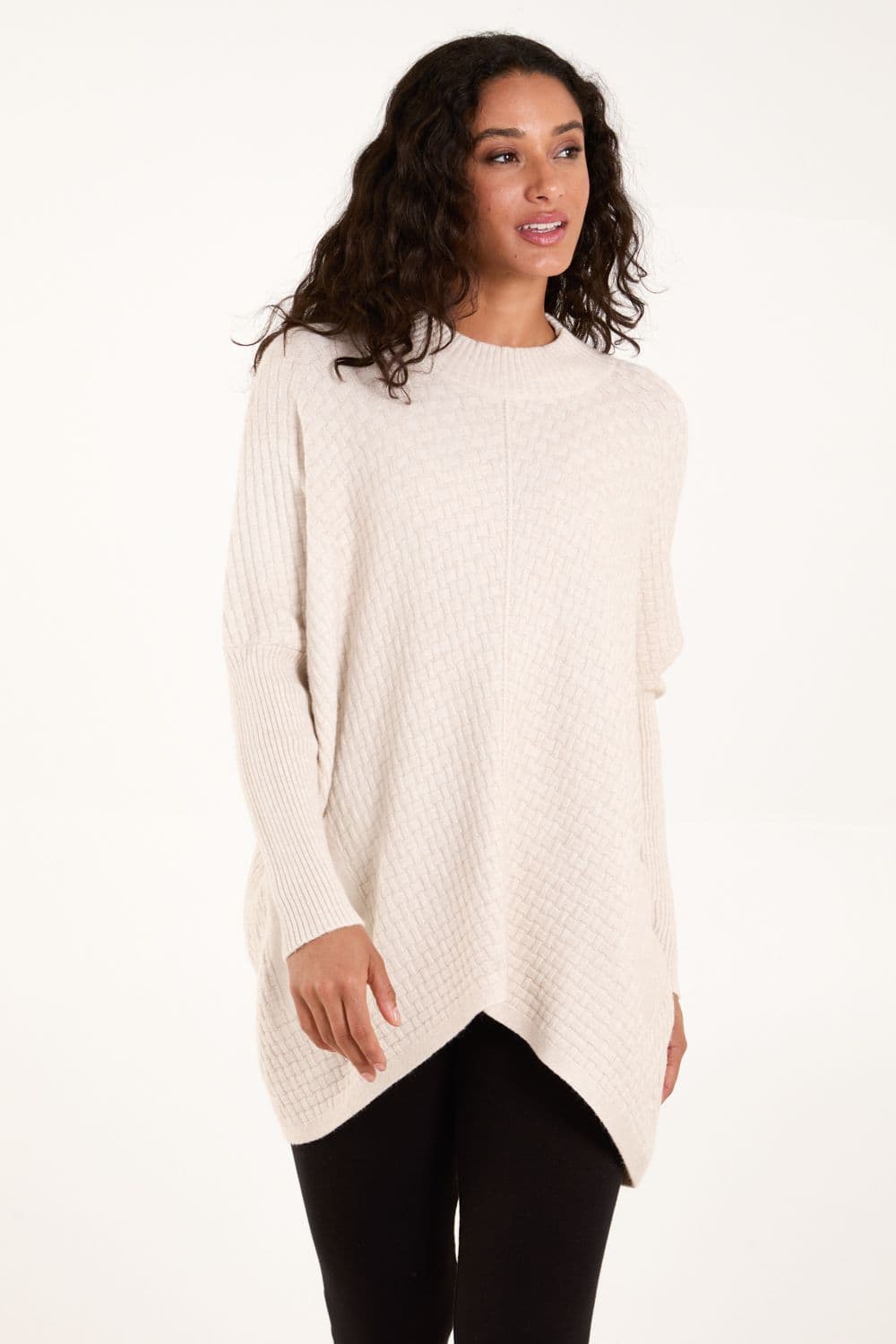 Blue Vanilla Women's Basket Weave High Neck Jumper in Stone
