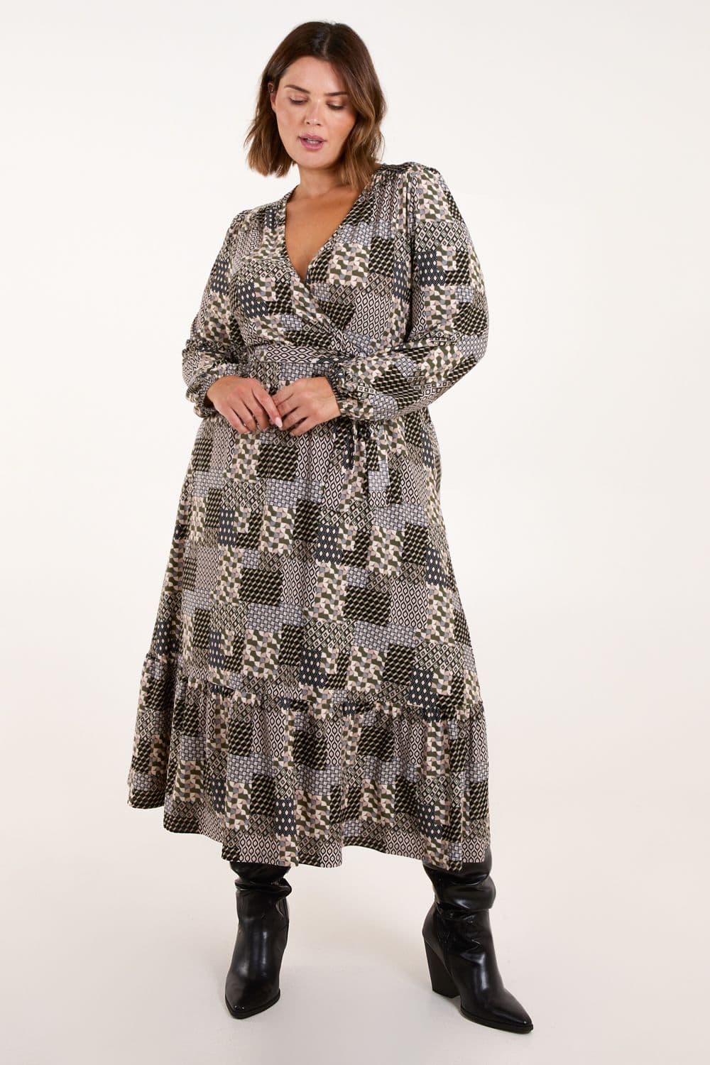 Blue Vanilla Women's Curve Geometric Wrap Front Belted Midi Dress in Khaki