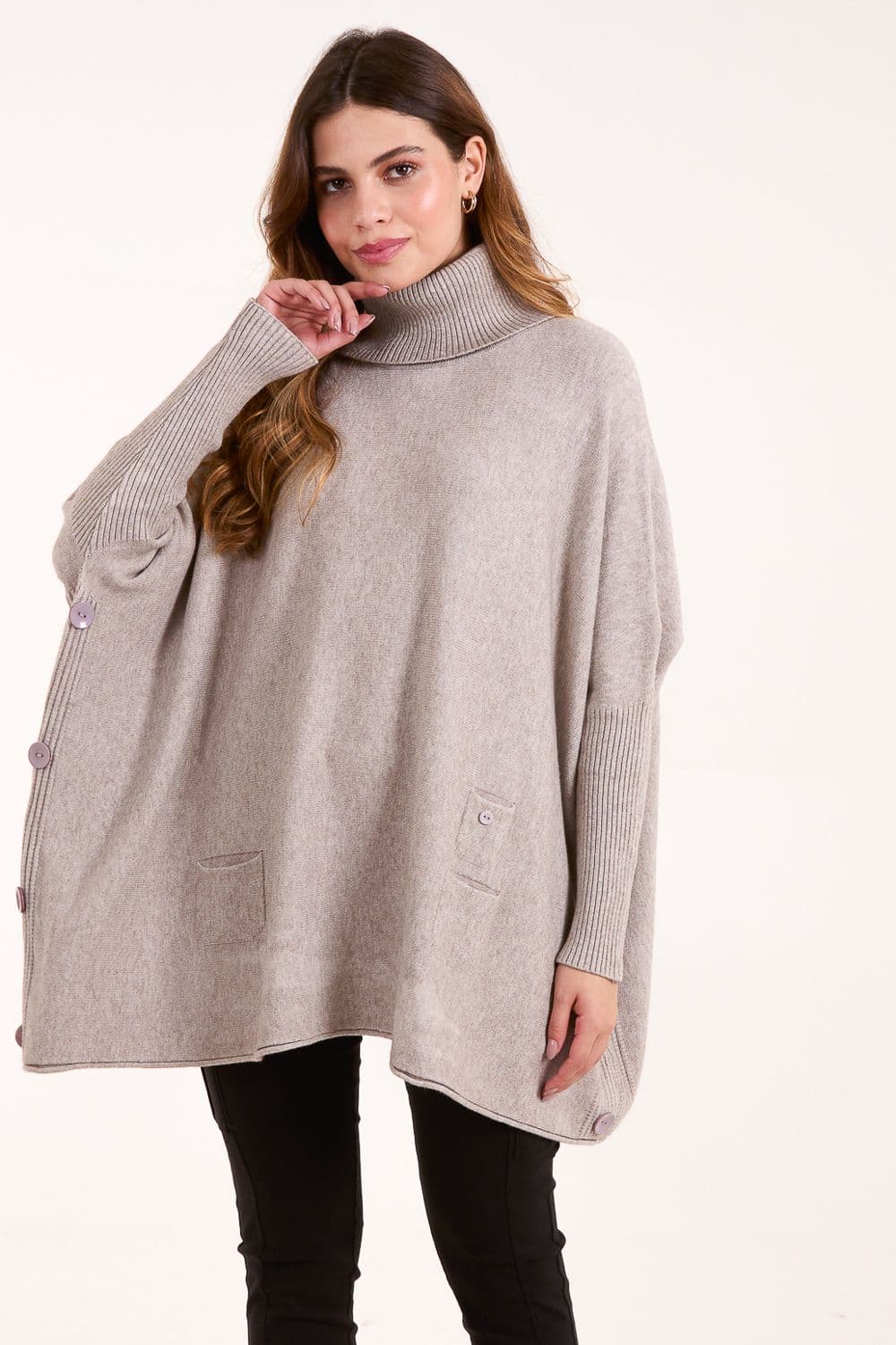 Blue Vanilla Women's Roll Neck Button Mini Pocket Jumper in Brown