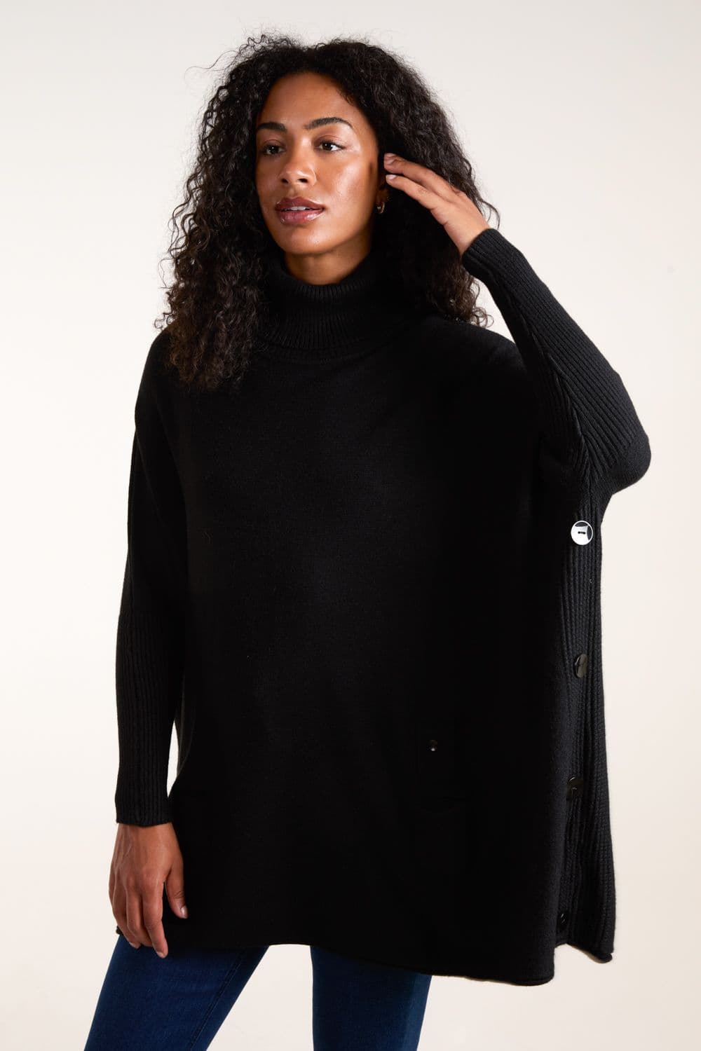 Blue Vanilla Women's Roll Neck Button Mini Pocket Jumper in Black