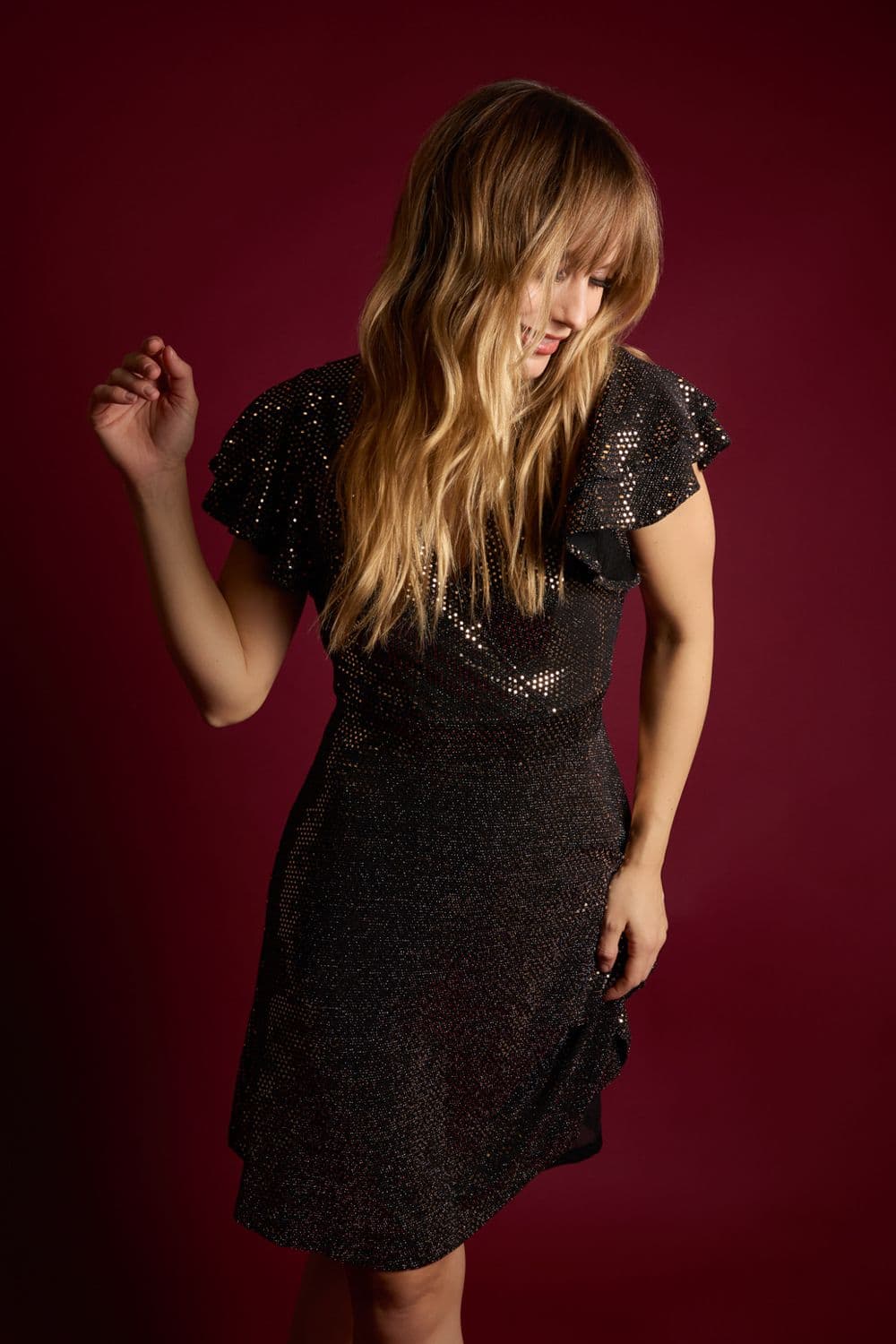 Blue Vanilla Women's Mirror Shimmer Frill Sleeve Dress in Bronze